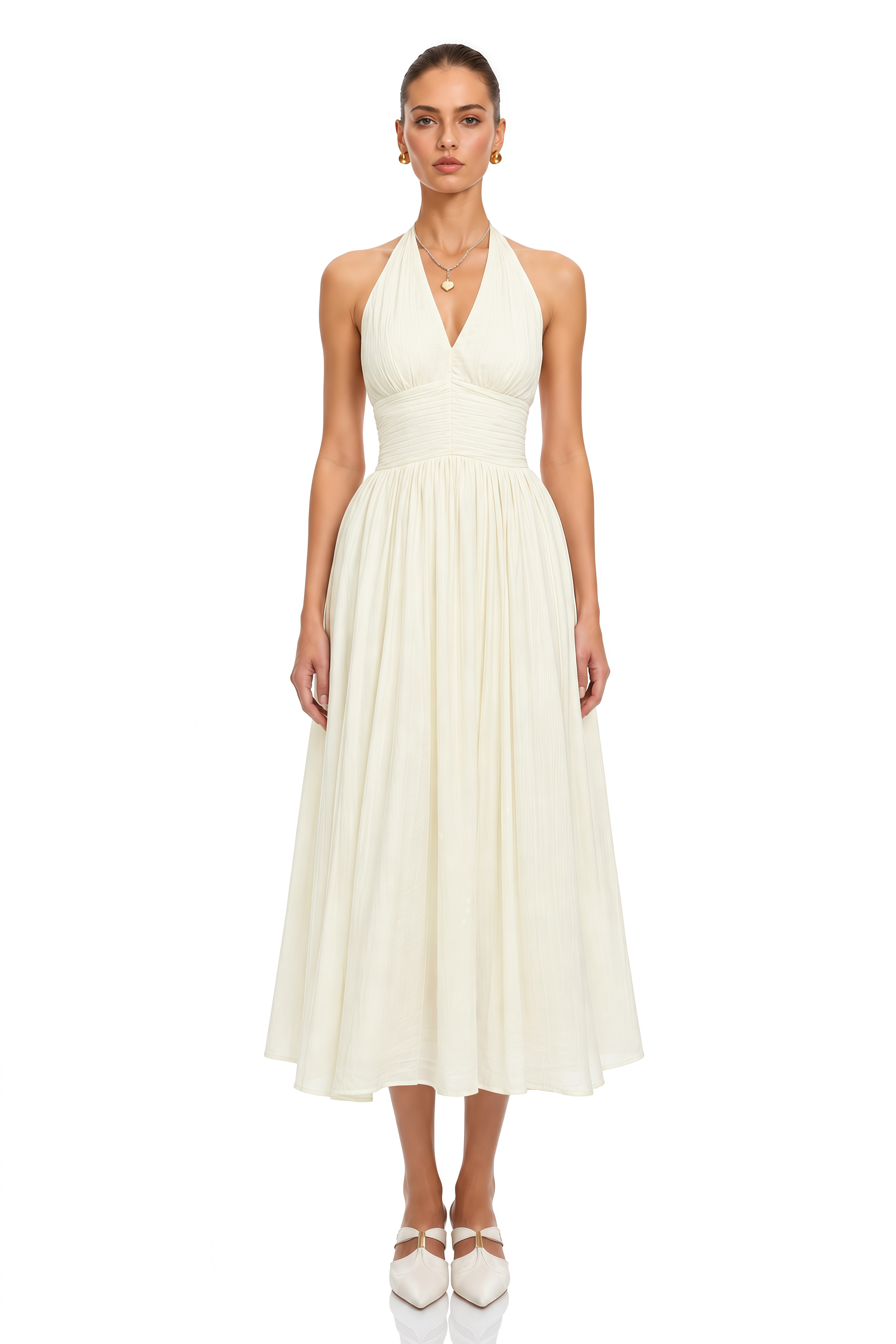 Hinewai Cream Halterneck Ruched Midi Dress