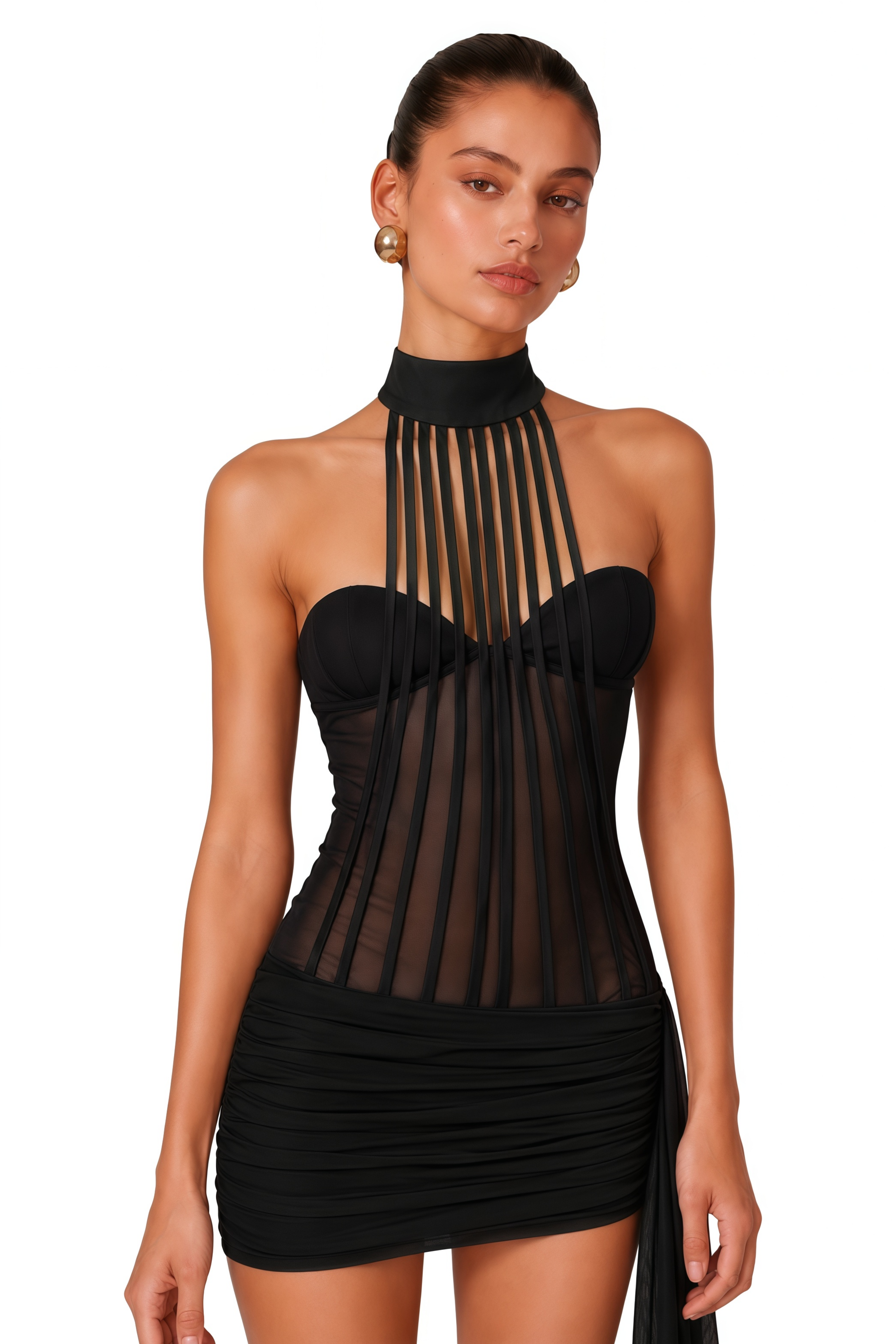 Ivona Black Halterneck Ribbon Design Mini Dress