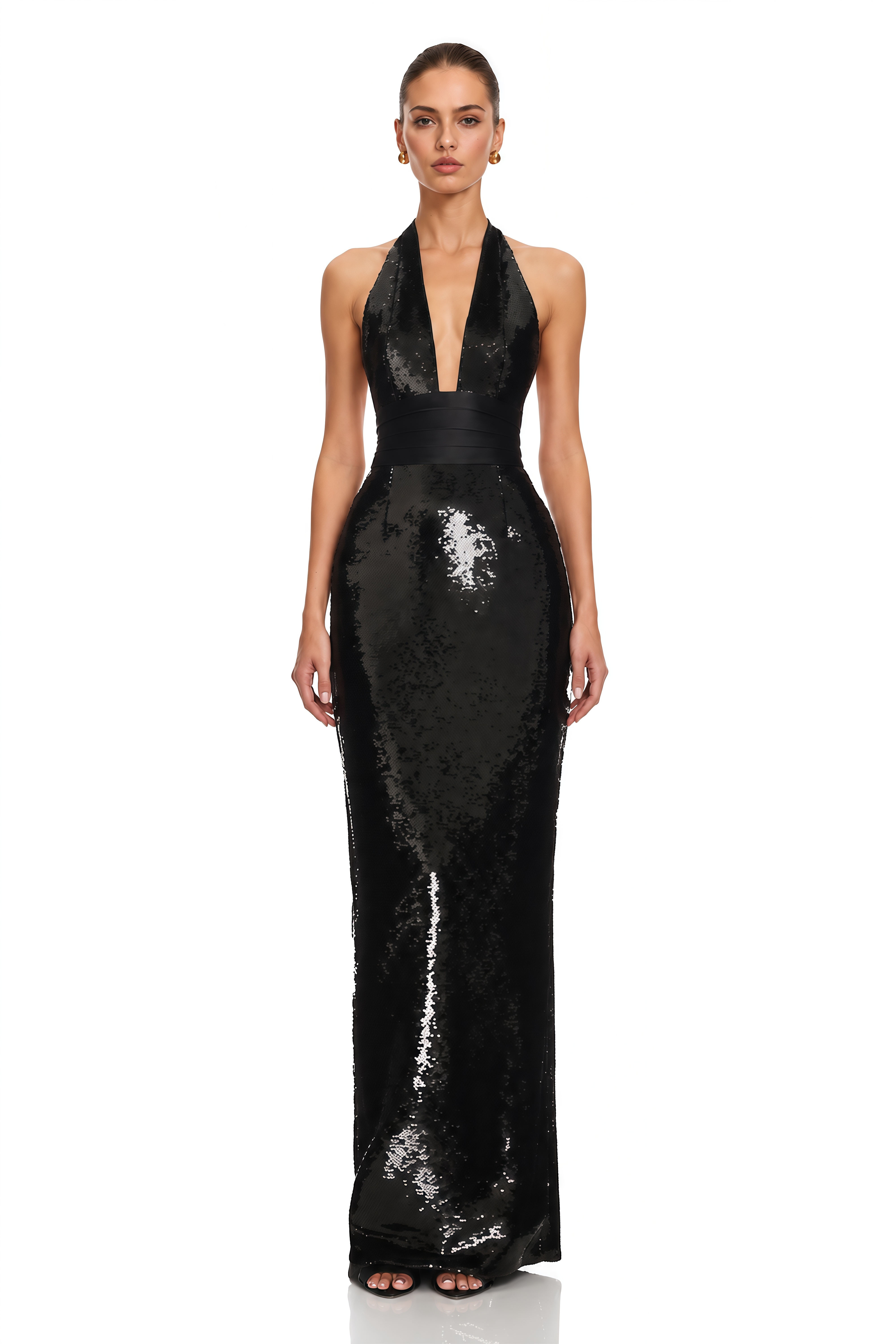 Lavinia Black Plunge Neck Halterneck Sequin Maxi Dress