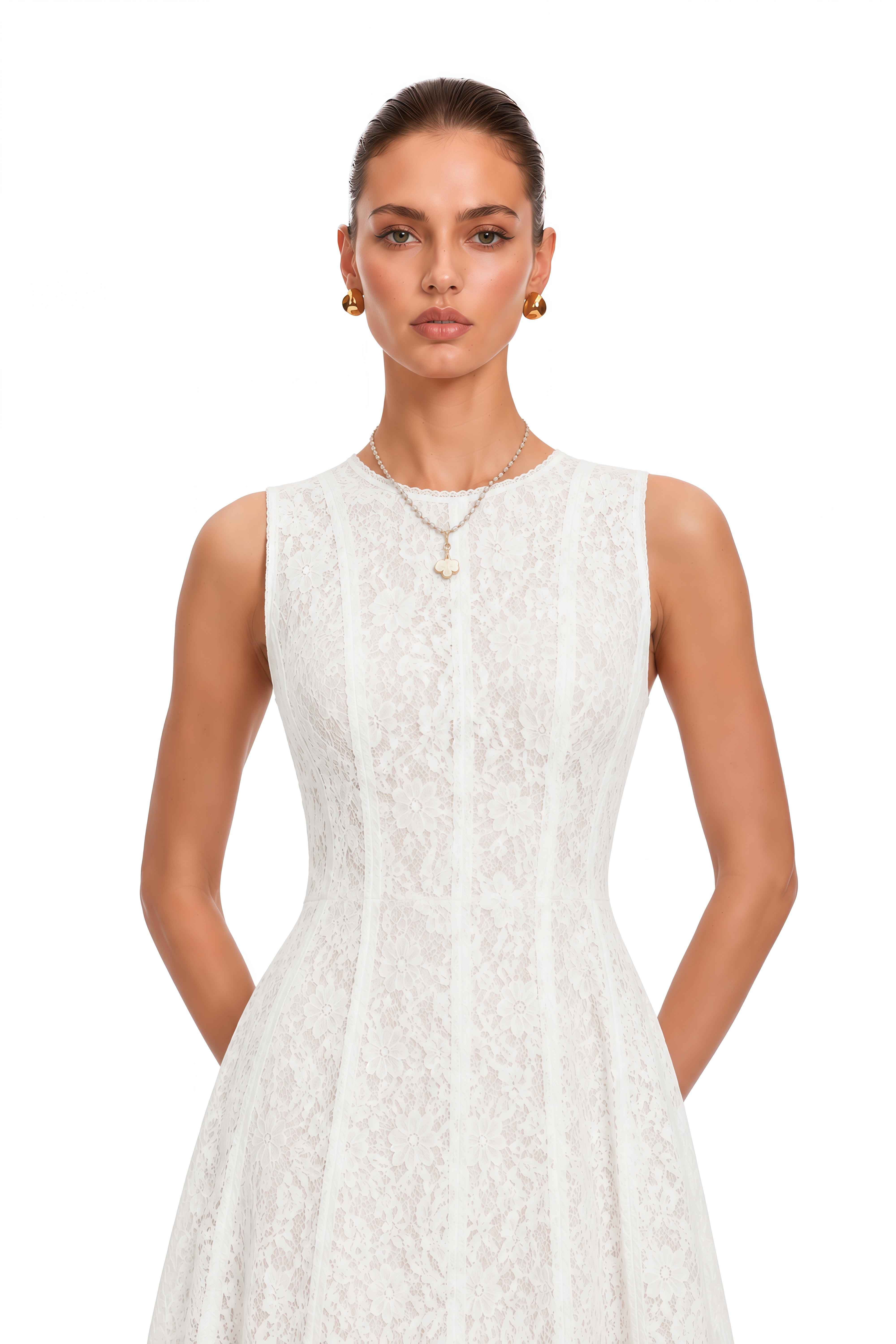 Guinevere White Sleeveless Floral Lace Midi Dress