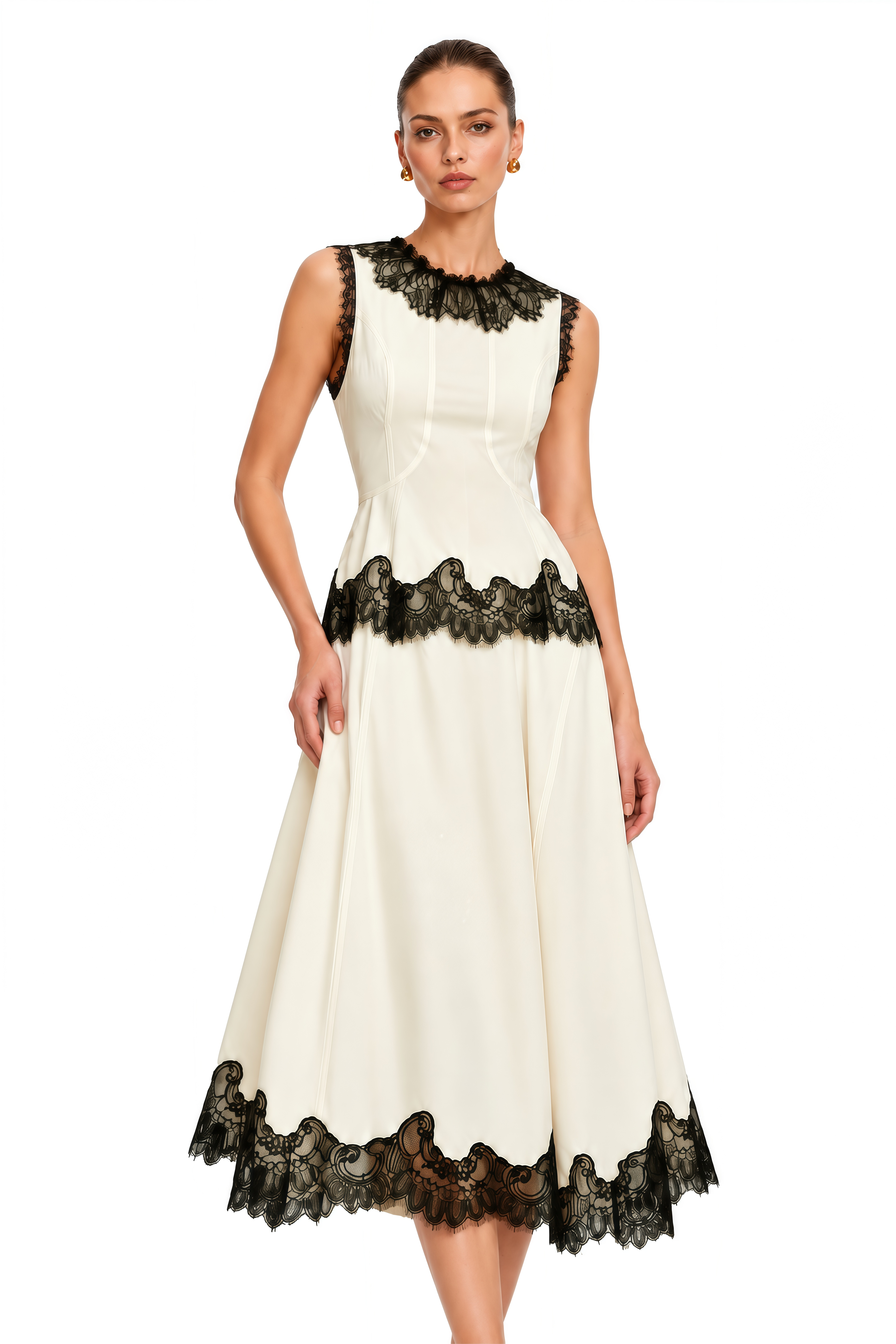 Zsofia Neutral Lace Panel Chiffon Top & Skirt Matching Set