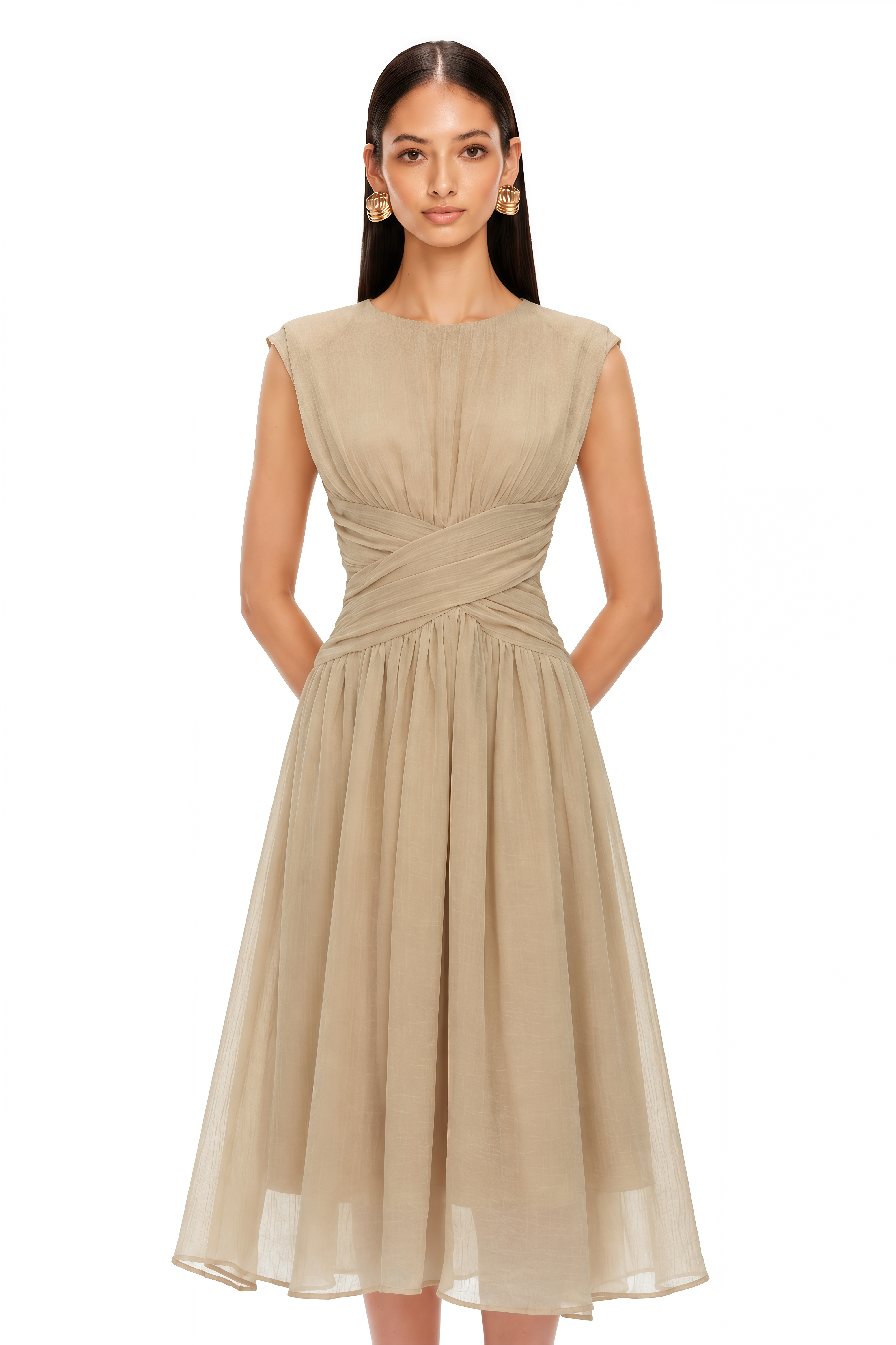 Ihaia Neutral Cross Front Ruched Midi Dress