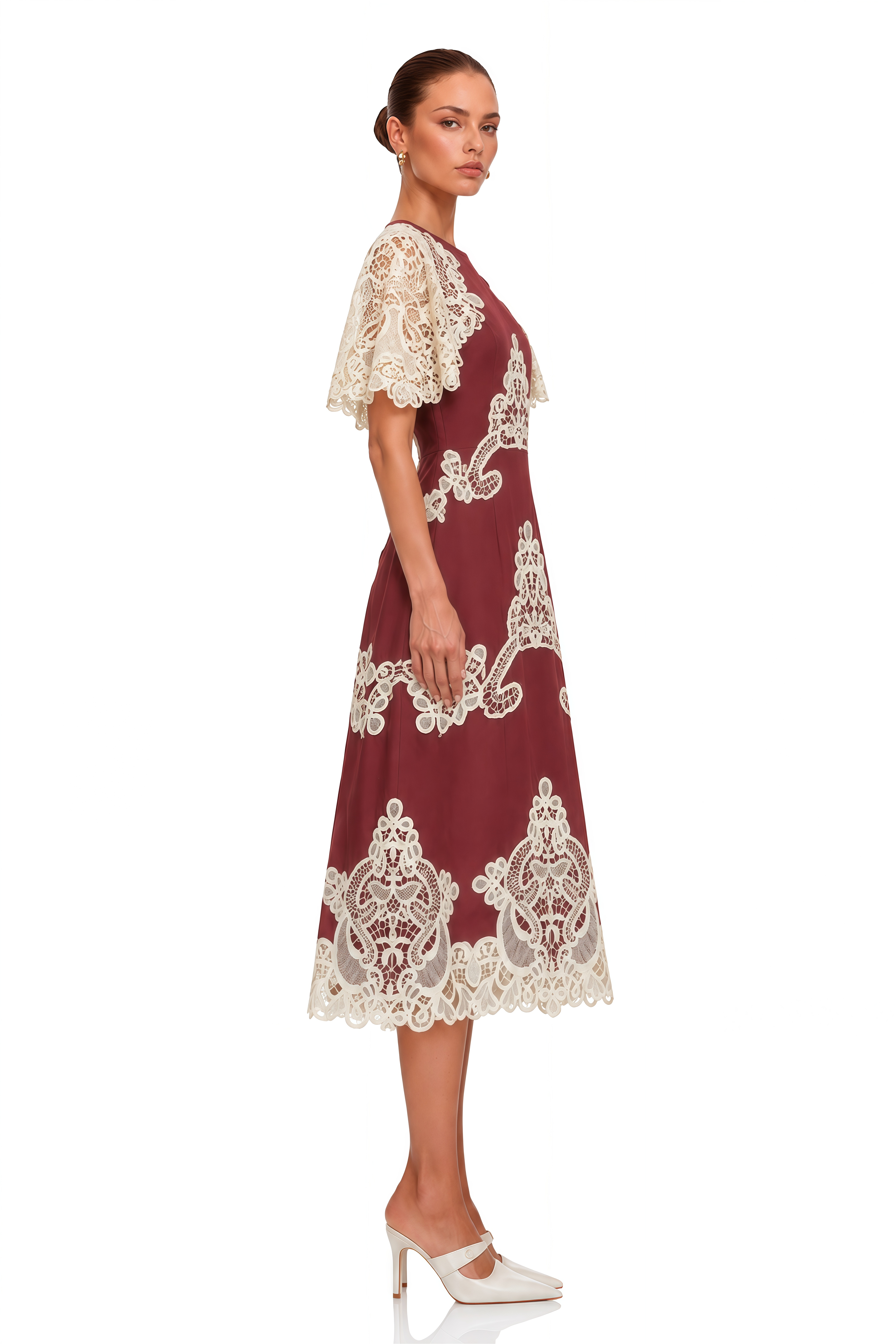 Julia Red Color Block Floral Embroidered Midi Dress