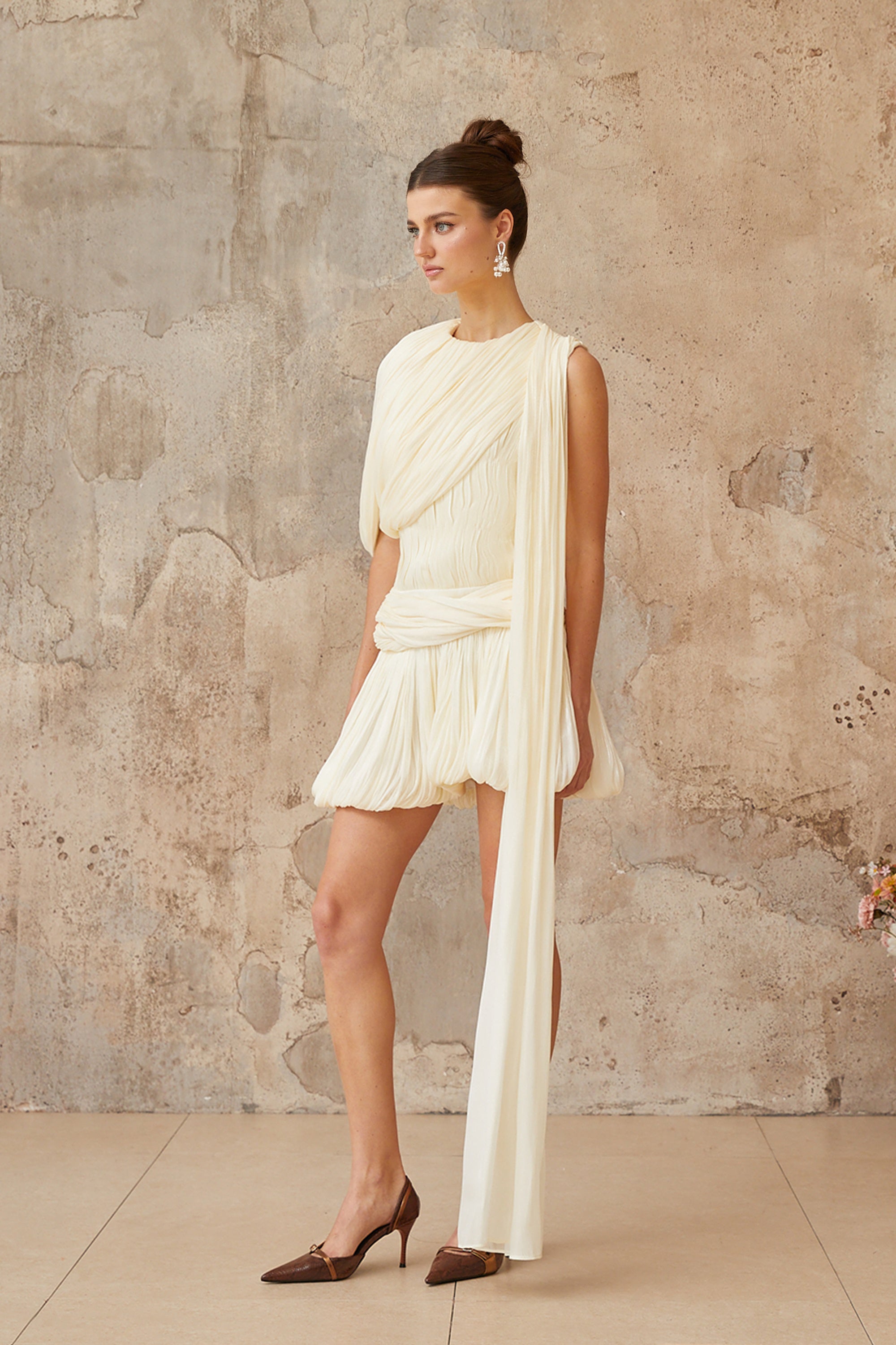 Cyrielle Pleated Mini Dress with Ribbon Design Accent