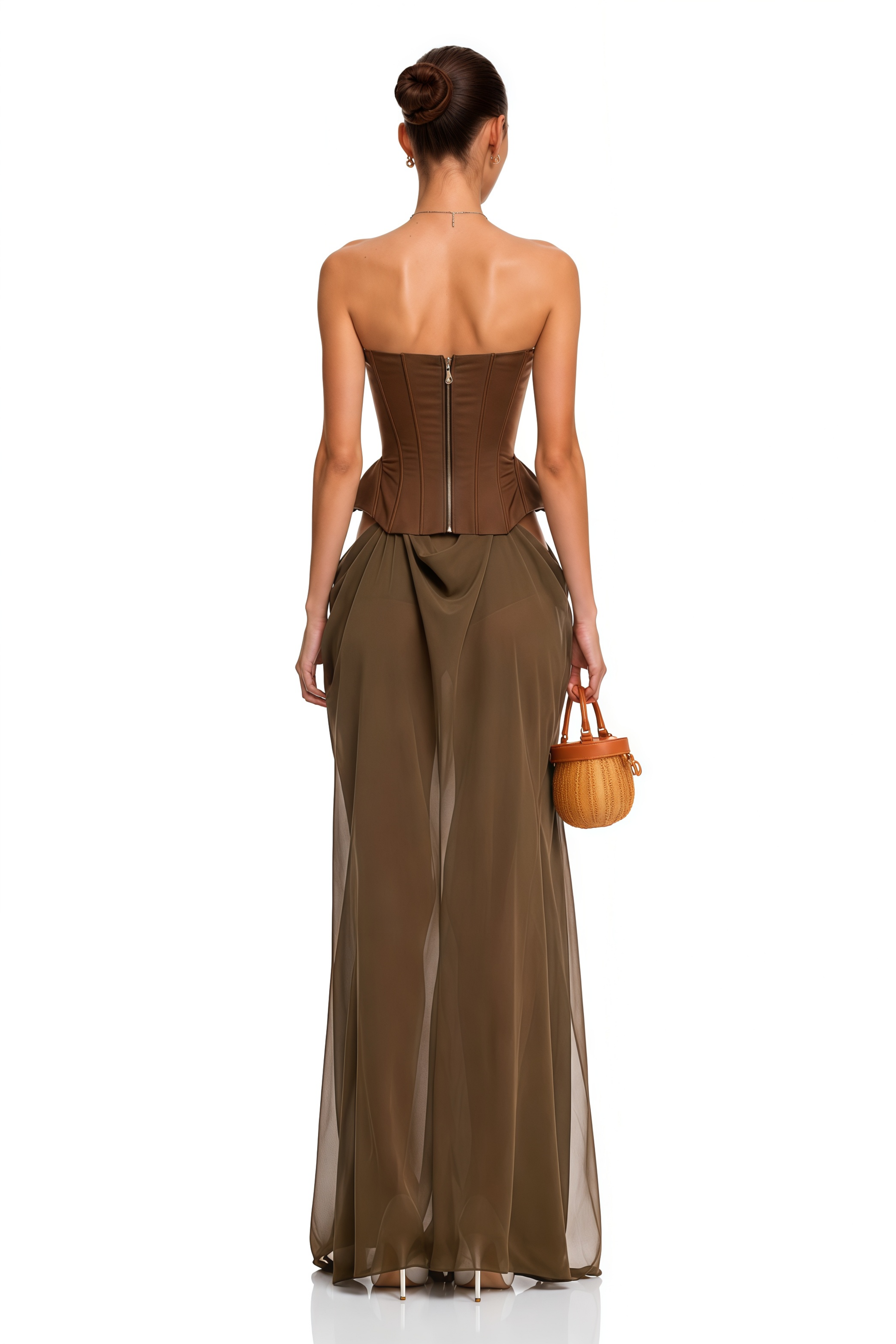 Eva Brown Butterfly-Pin-Detail Corset Maxi Dress