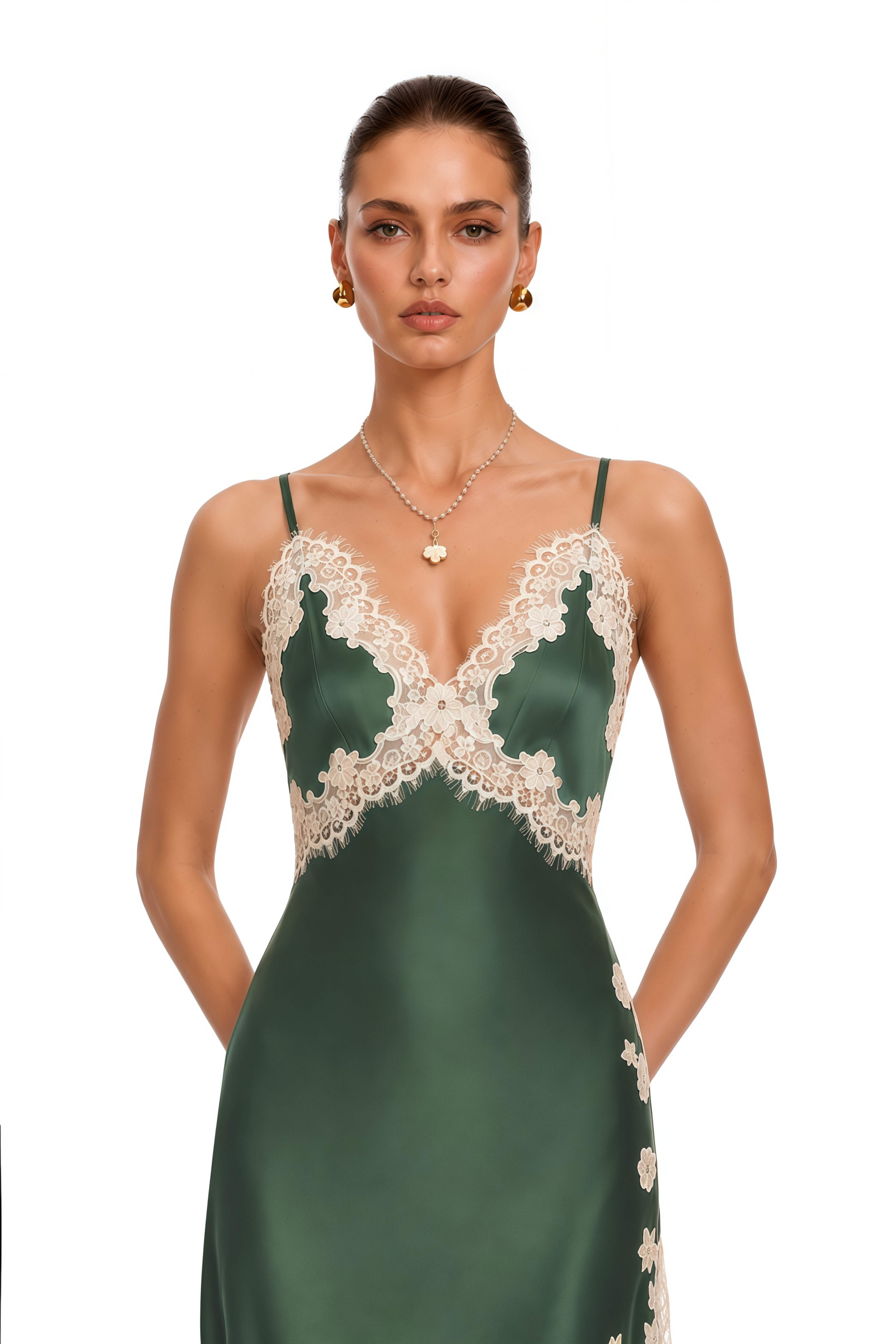 Aaliyah Green Satin Lace Trim Spaghetti Strap Maxi Dress