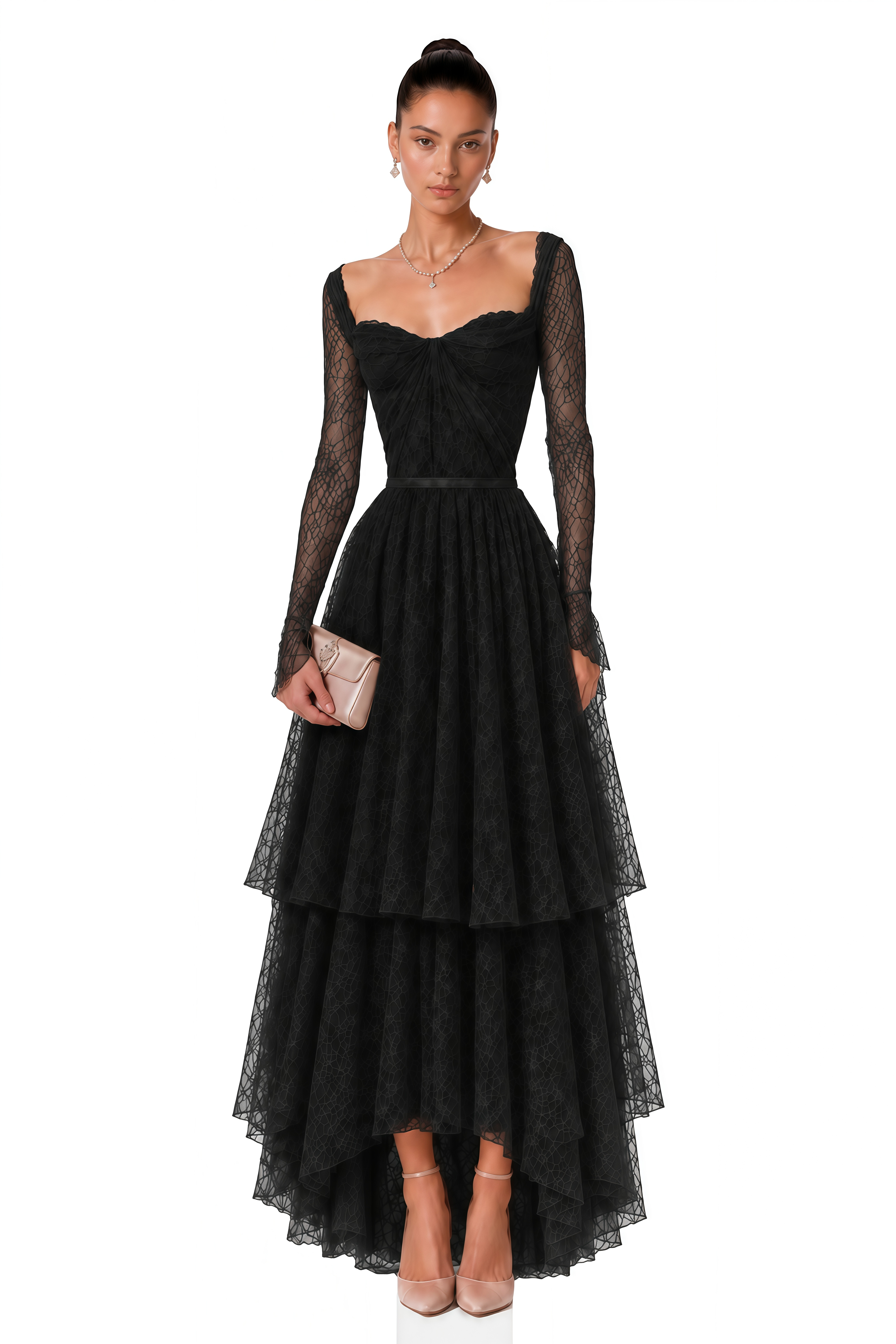 Aalto Black Lace Ruffled Maxi Dress with Slit
