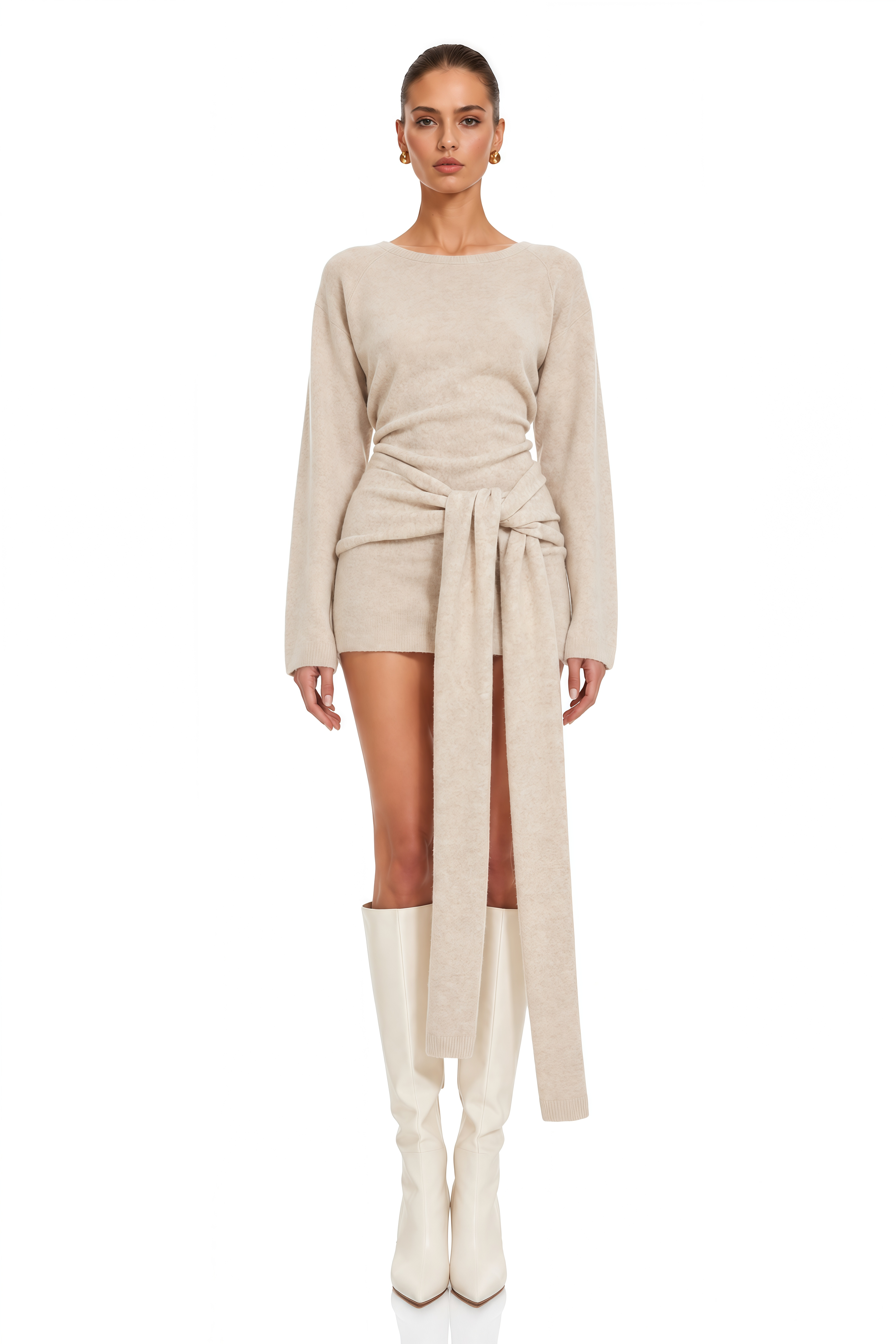 Acacia Beige Long Sleeve Draped Knit Mini Dress