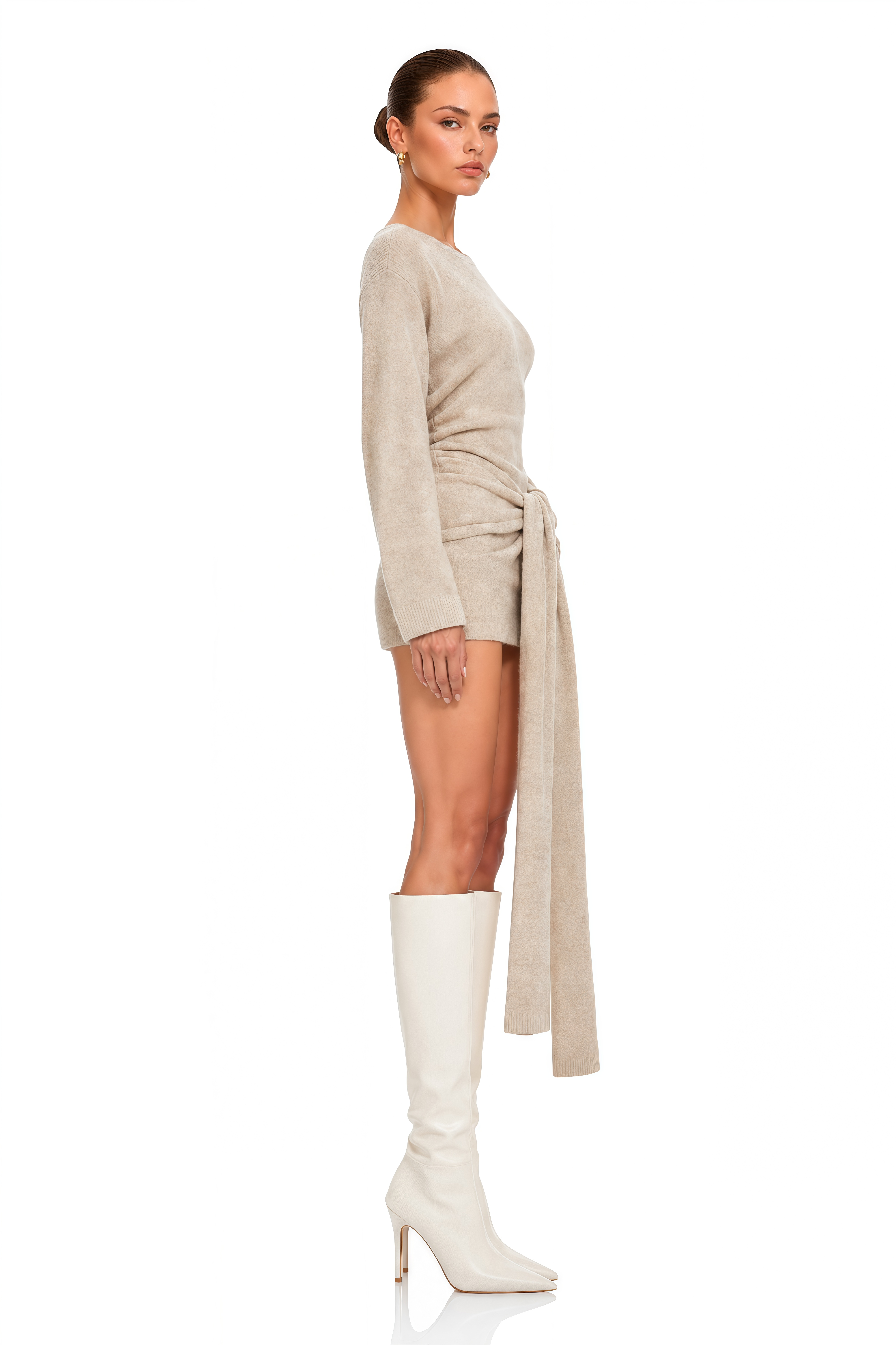 Acacia Beige Long Sleeve Draped Knit Mini Dress