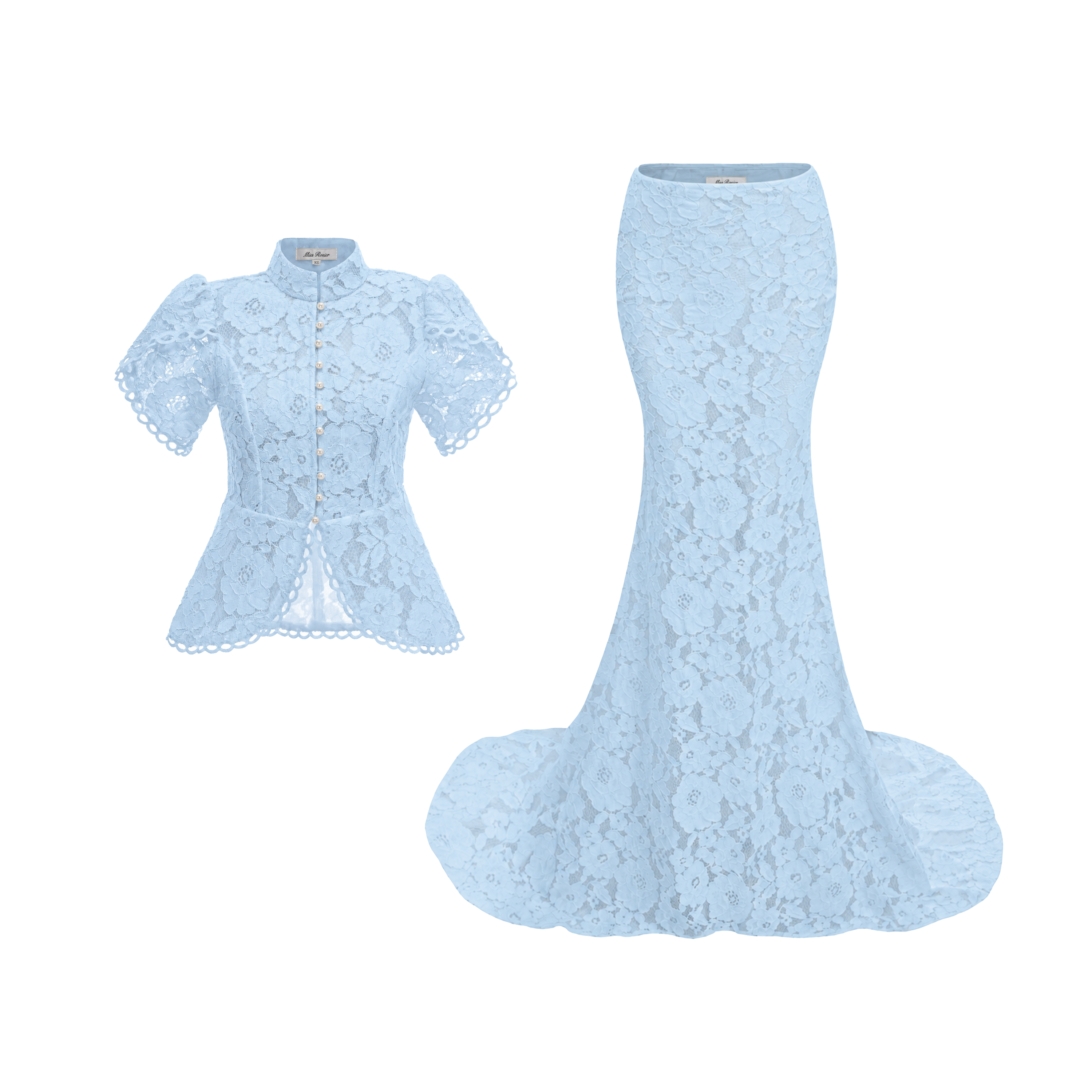Adèle Blue Short Sleeve Floral Blouse & Mermaid Skirt Set