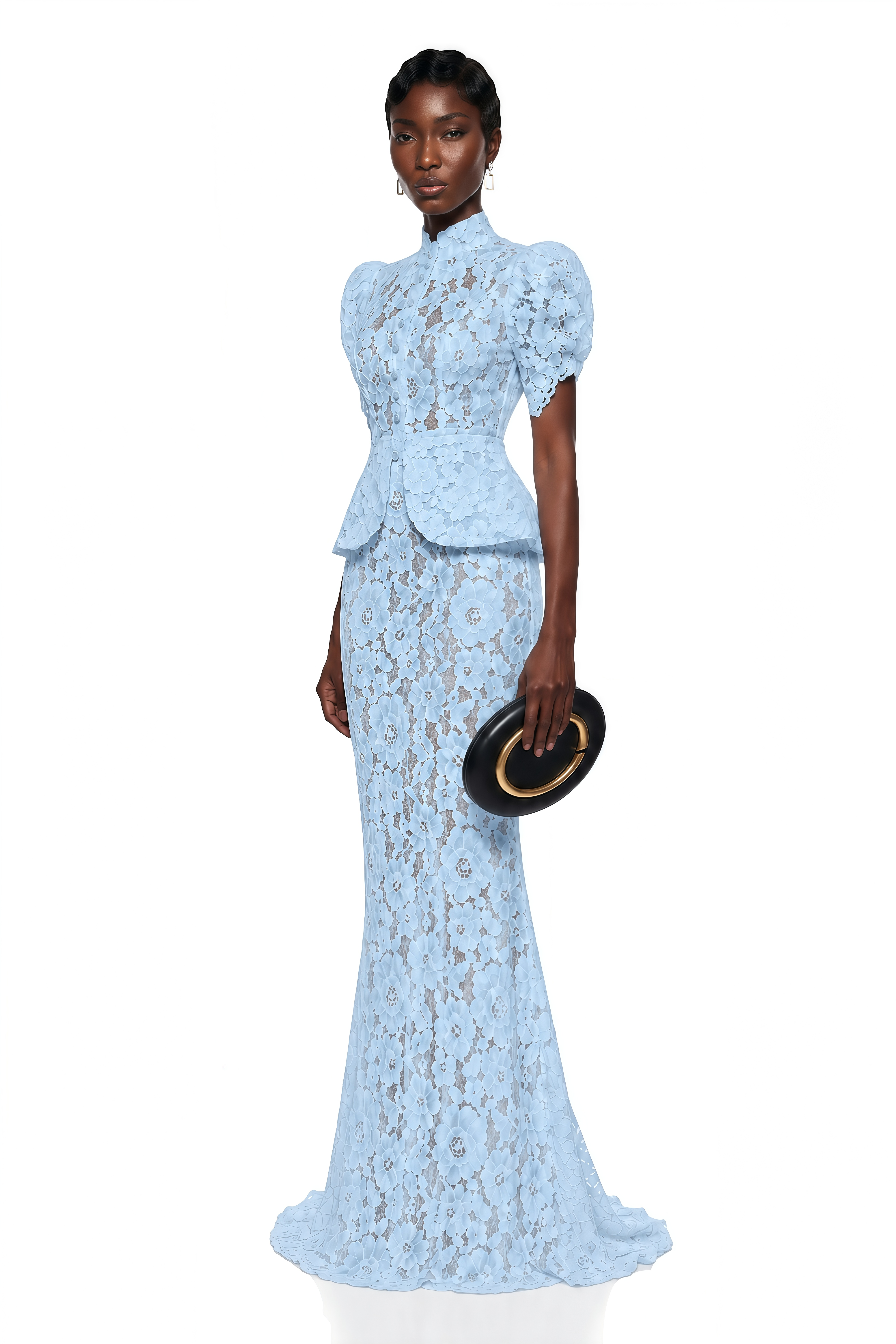 Adèle Blue Short Sleeve Floral Blouse & Mermaid Skirt Set