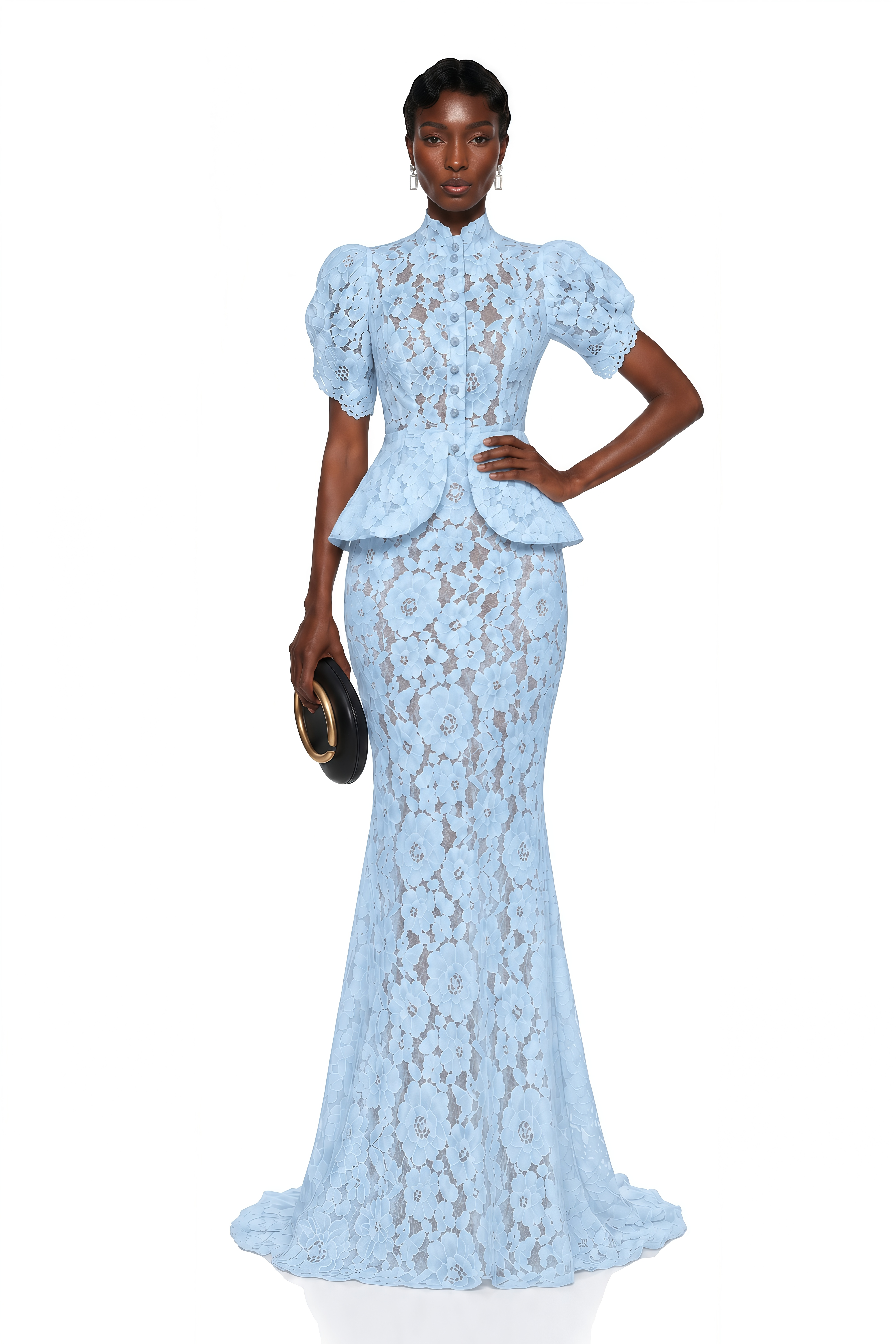 Adèle Blue Short Sleeve Floral Blouse & Mermaid Skirt Set