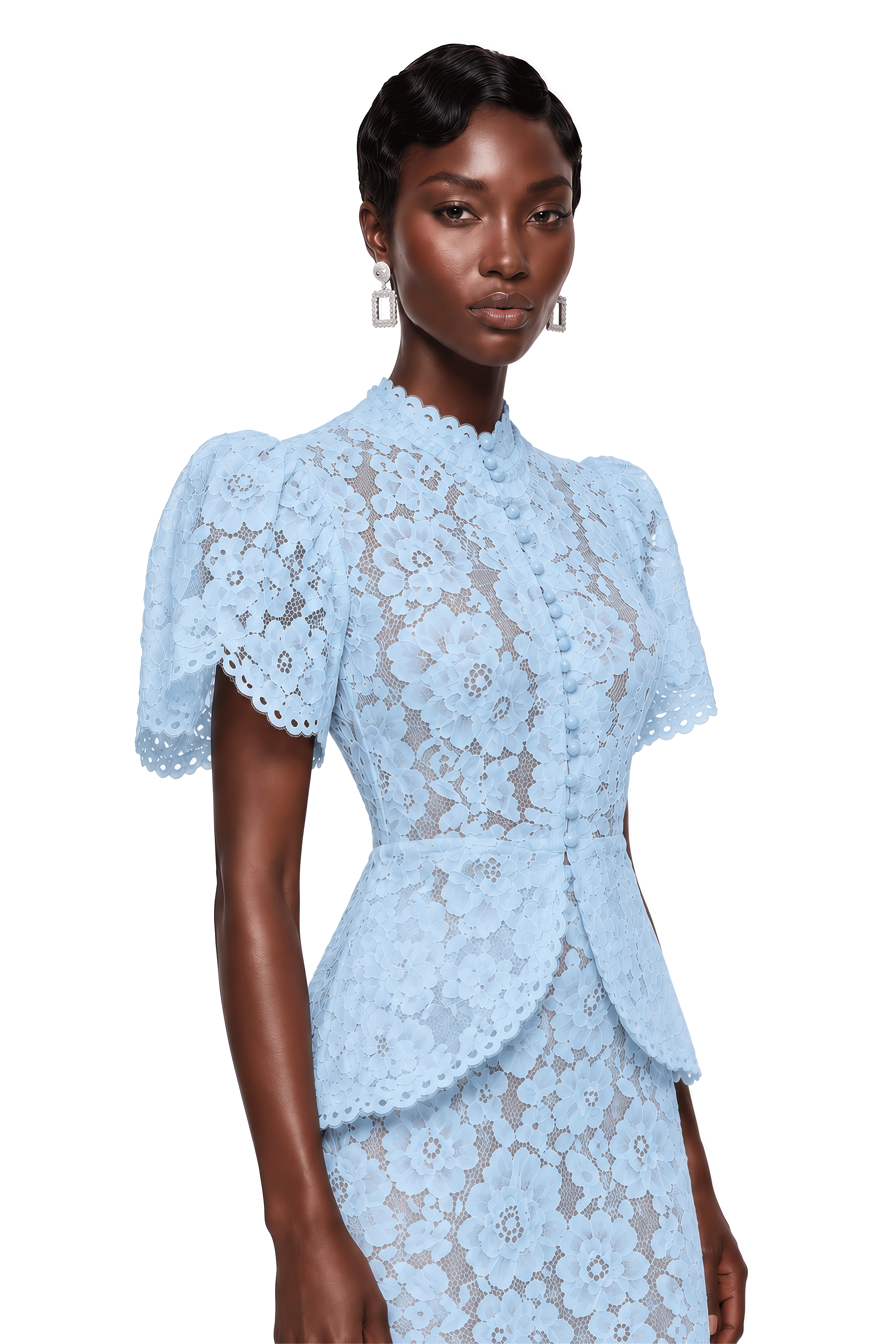 Adèle Blue Short Sleeve Floral Blouse & Mermaid Skirt Set