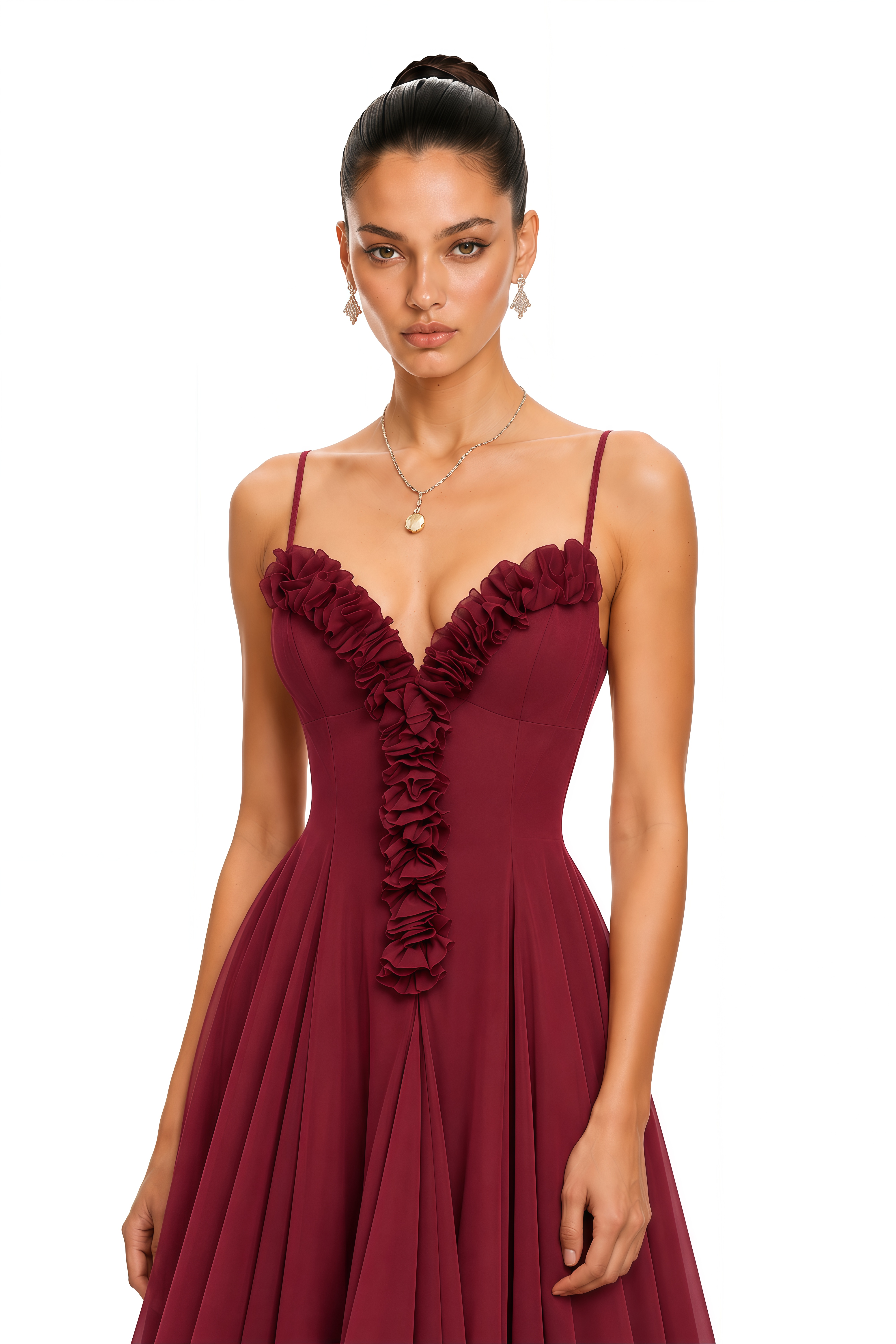 Adaeze Burgundy Ruffle Trim Corset Midi Dress