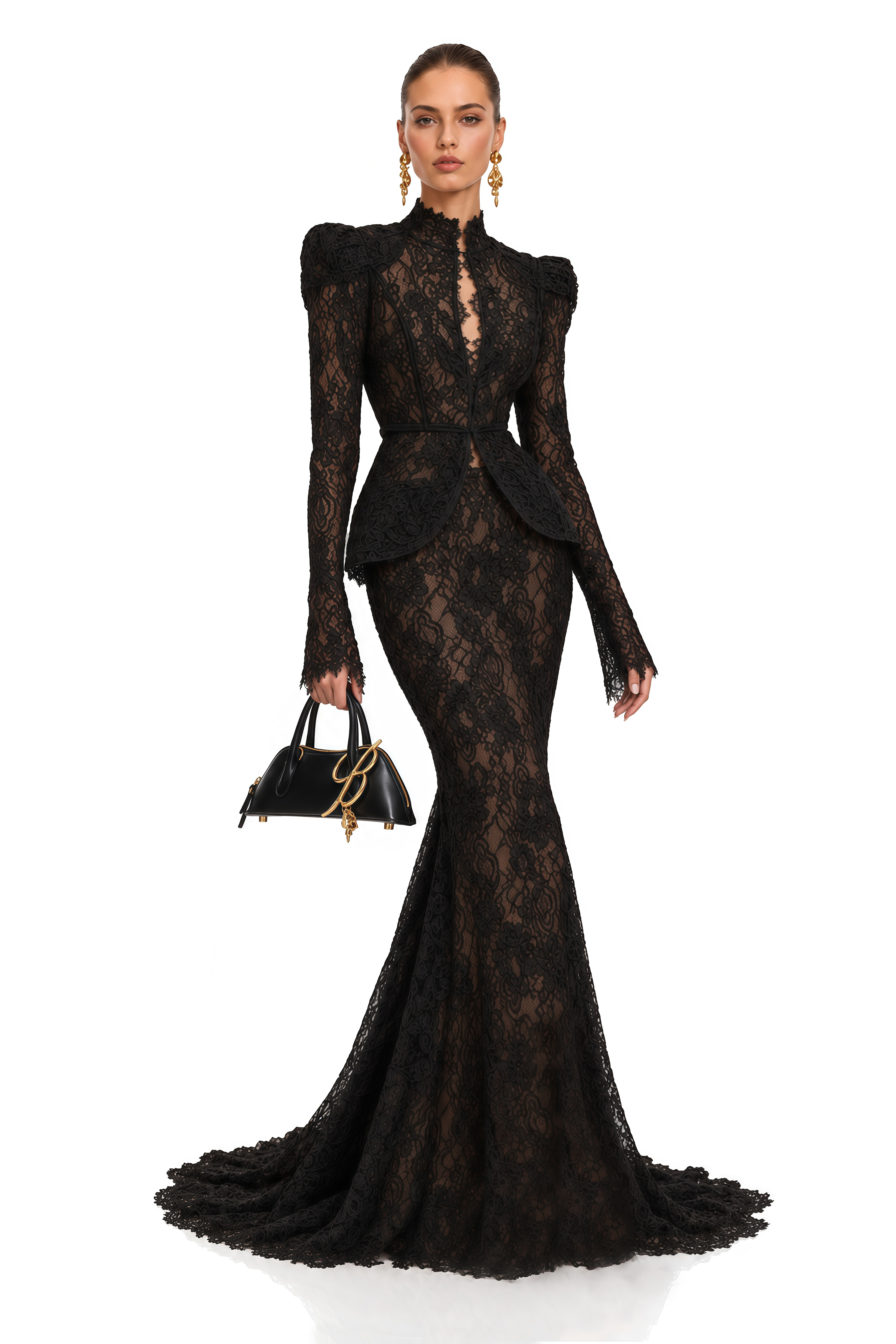 Adele Black Puff Floral Blouse & Mermaid Skirt Set