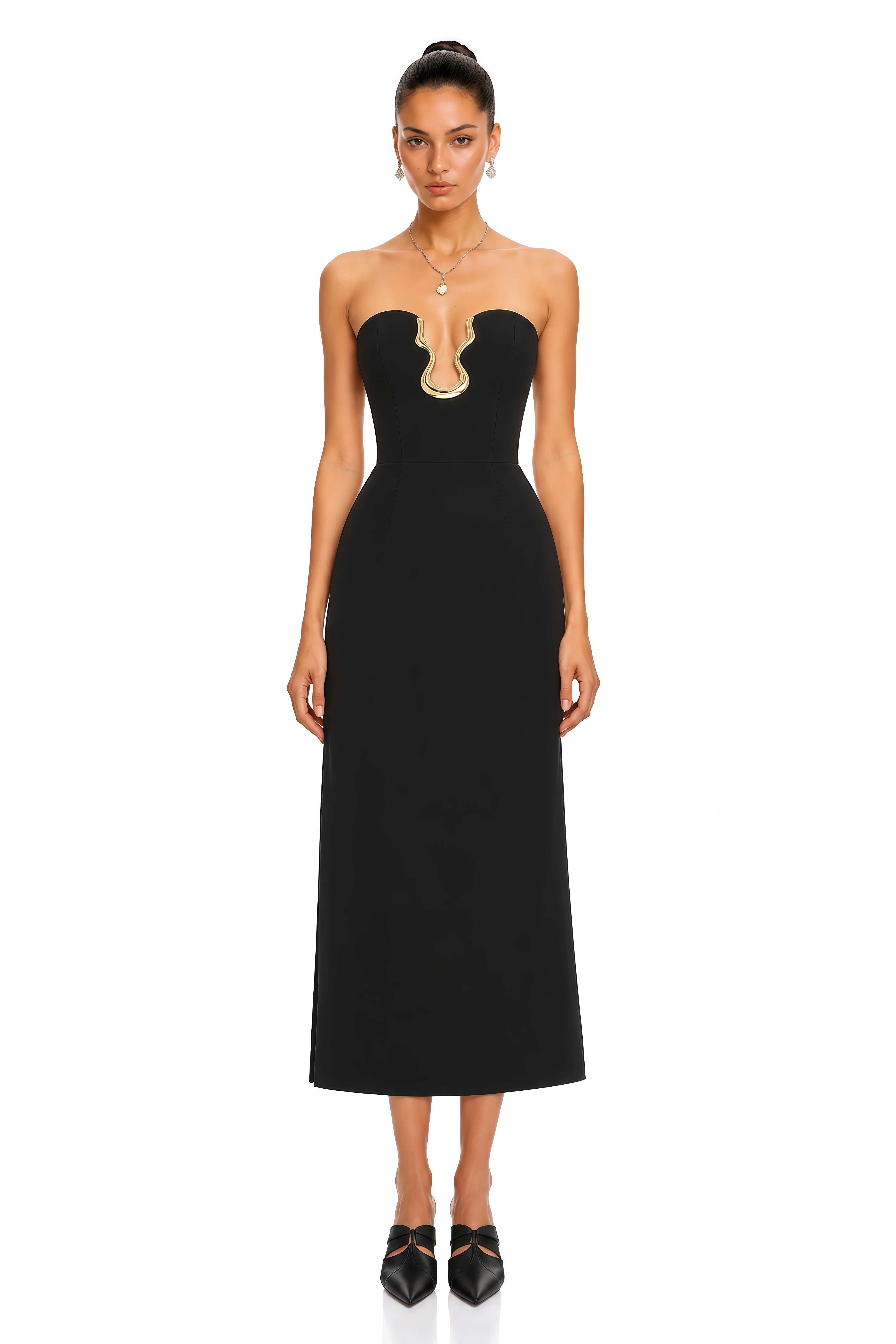 Adeline Black Gold-Trimmed Strapless Midi Dress