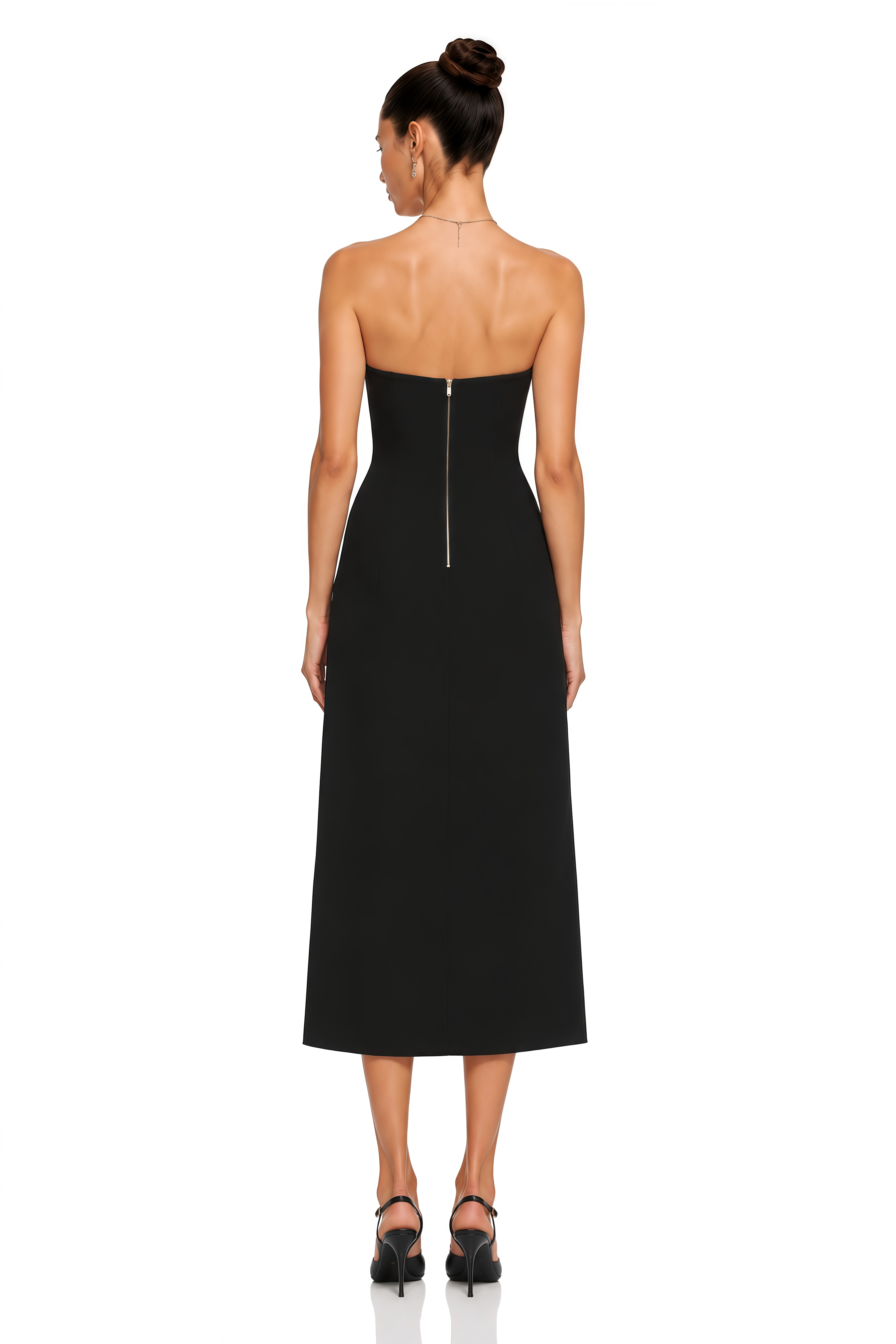 Adeline Black Gold-Trimmed Strapless Midi Dress