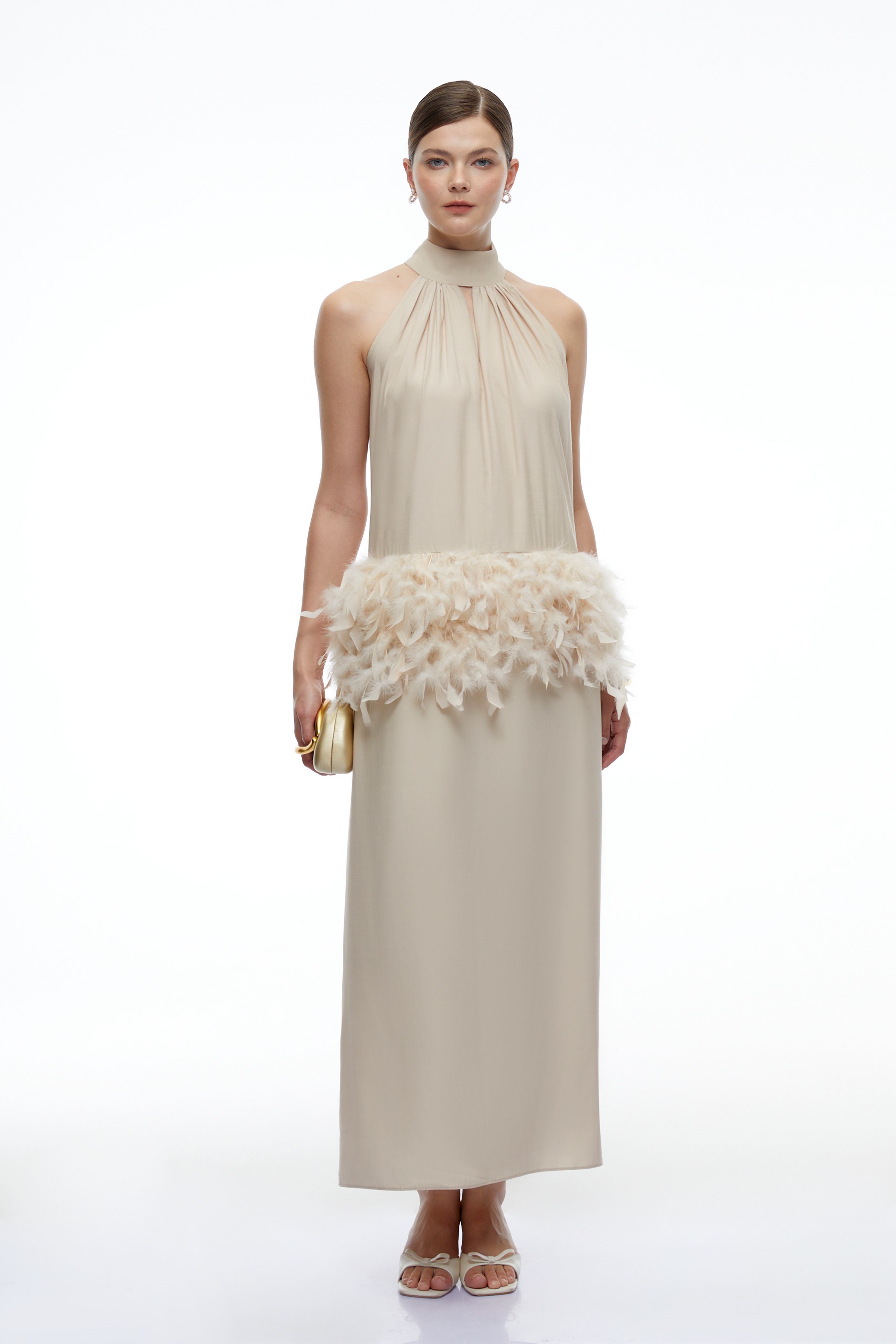 Agnes Neutral Feather Trim Halterneck Maxi Dress