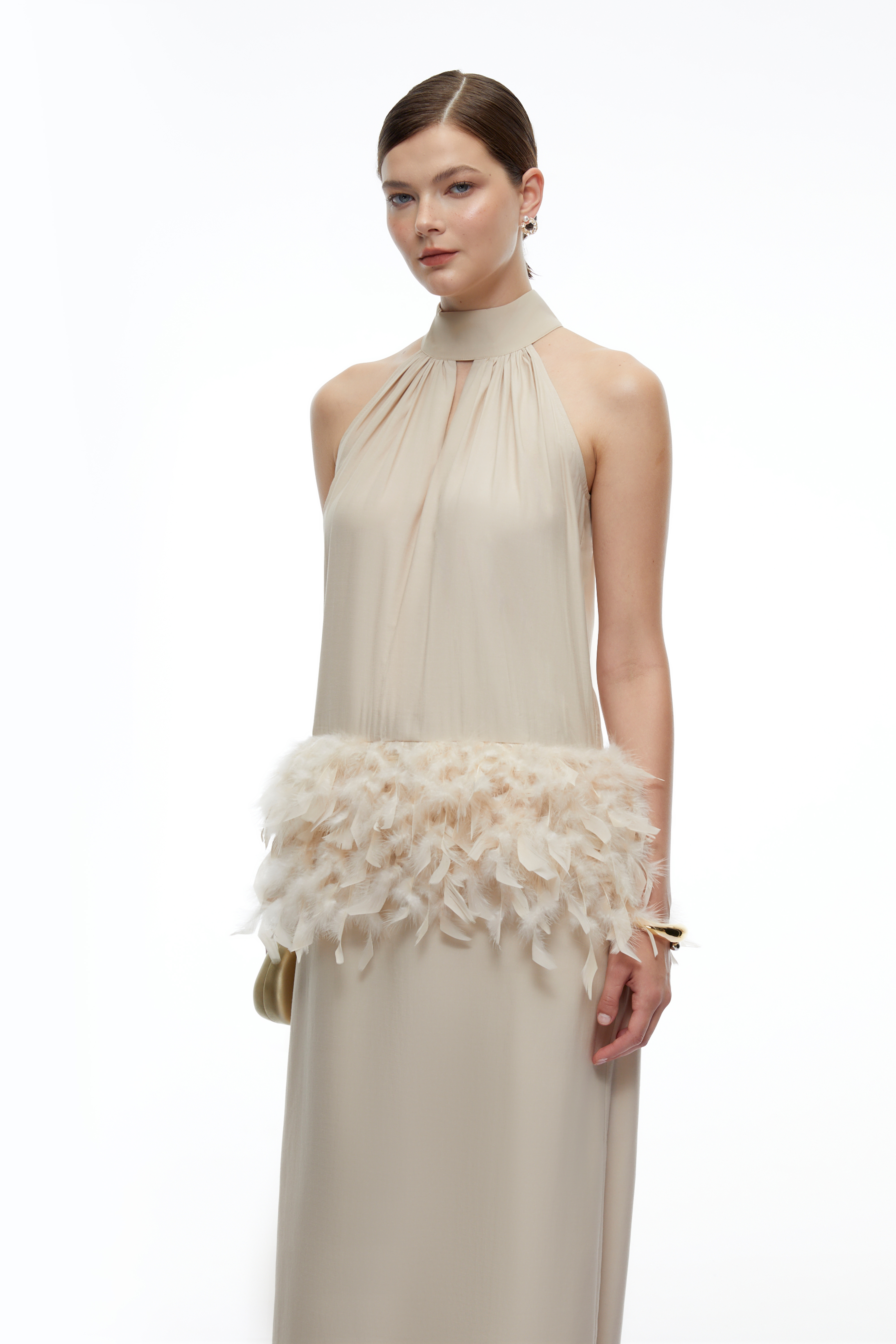 Agnes Neutral Feather Trim Halterneck Maxi Dress