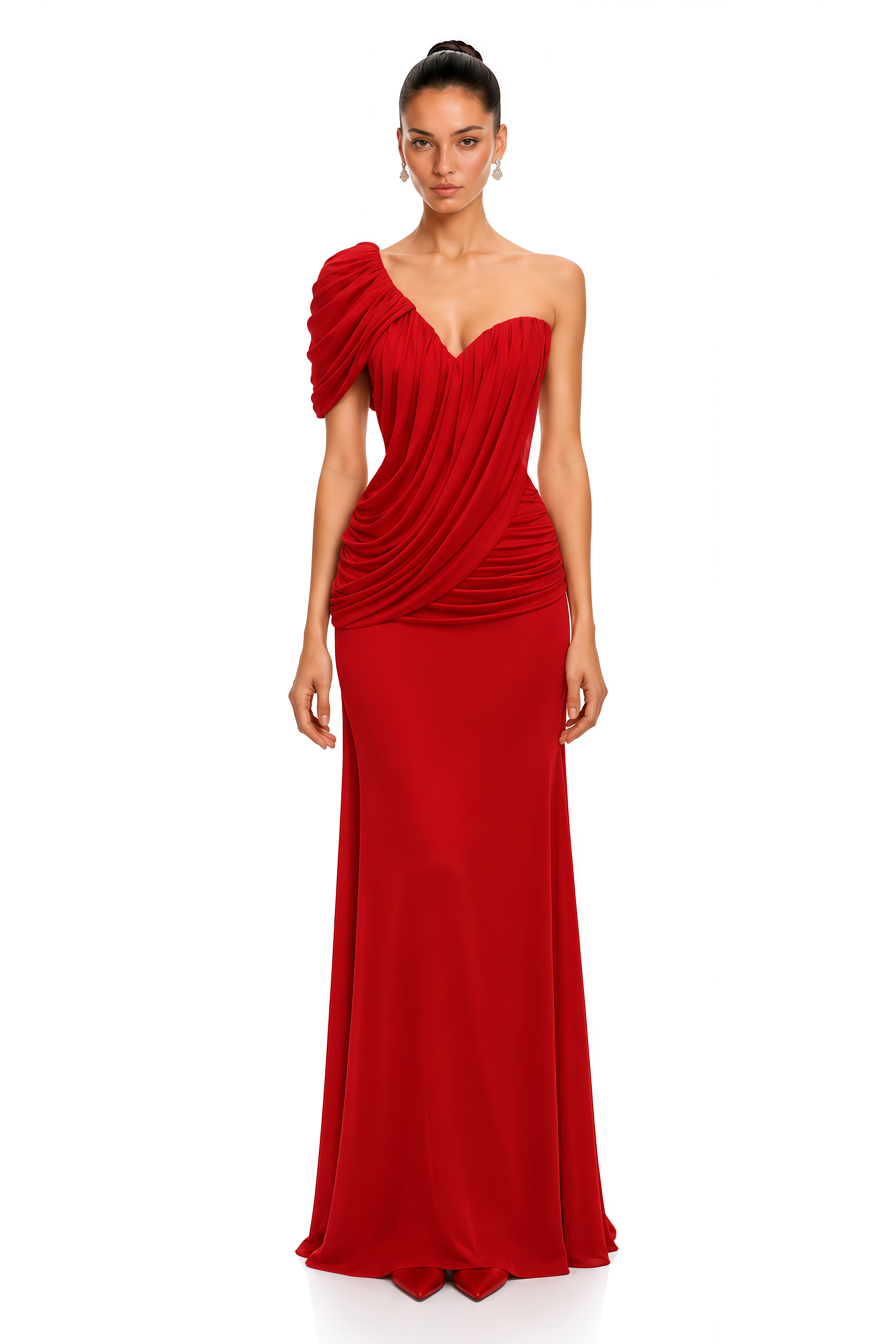 Aileen Red One Shoulder Ruched Maxi Dress