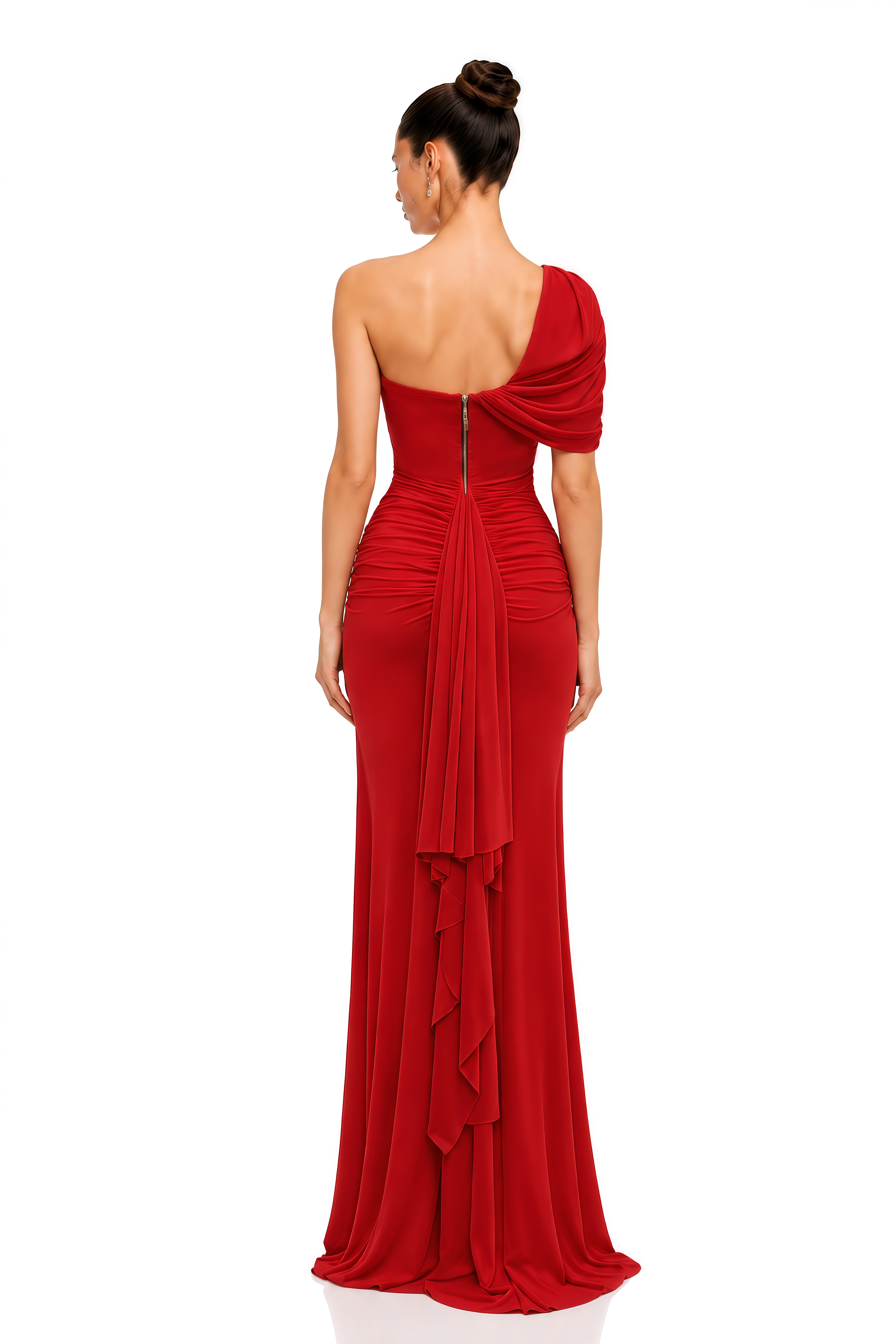 Aileen Red One Shoulder Ruched Maxi Dress