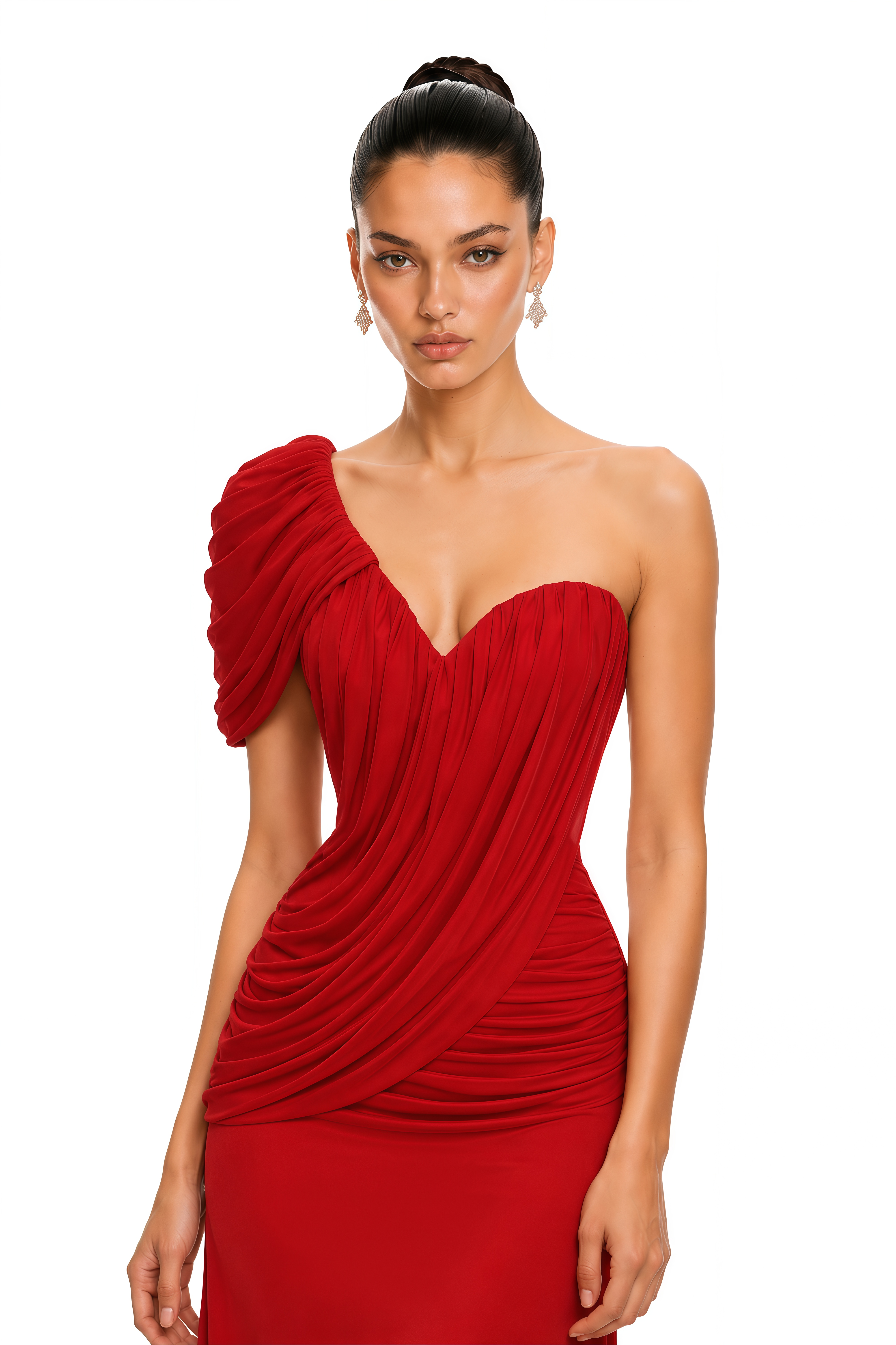 Aileen Red One Shoulder Ruched Maxi Dress