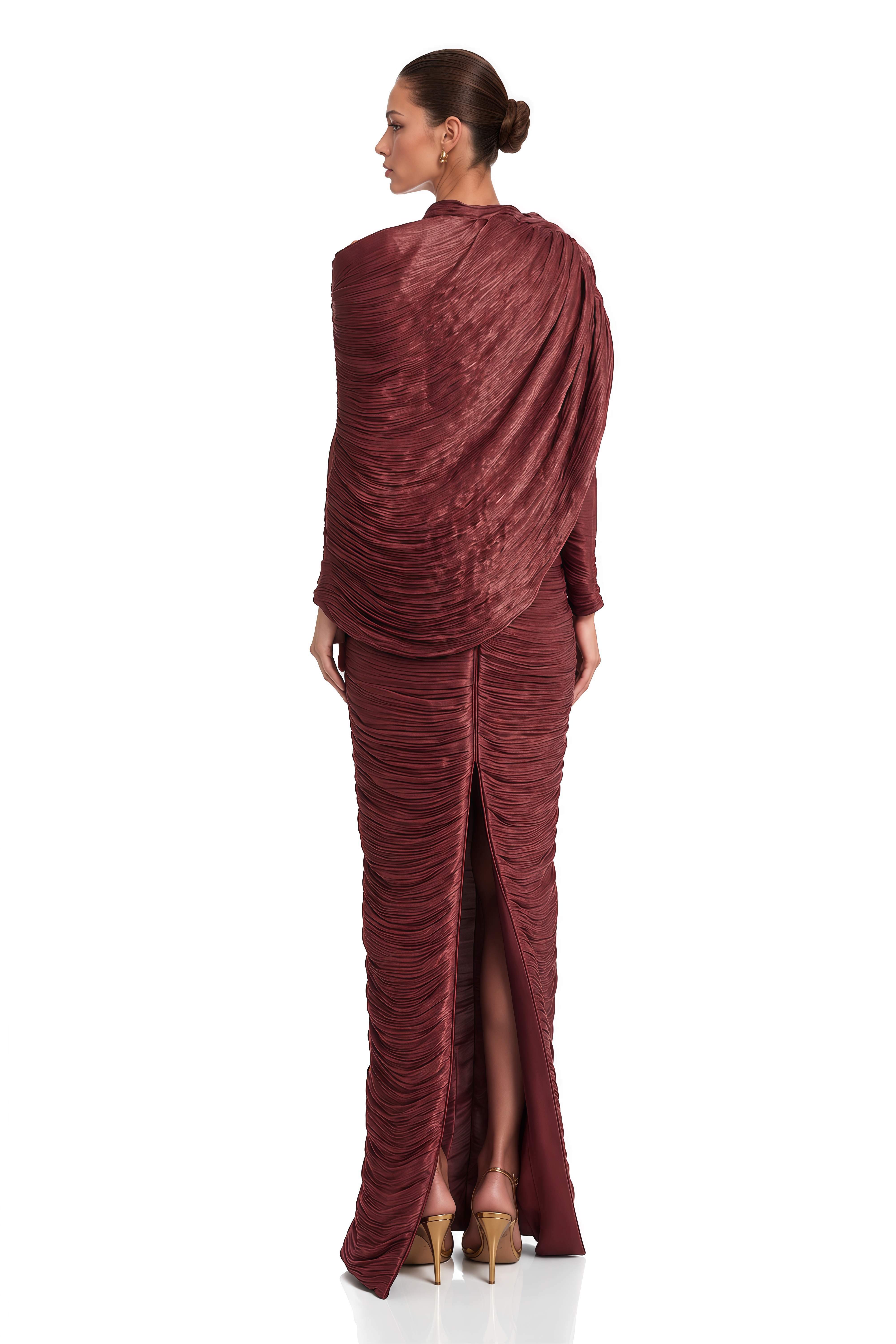 Airlie Burgundy Asymmetrical Draped Ruched Maxi Dress