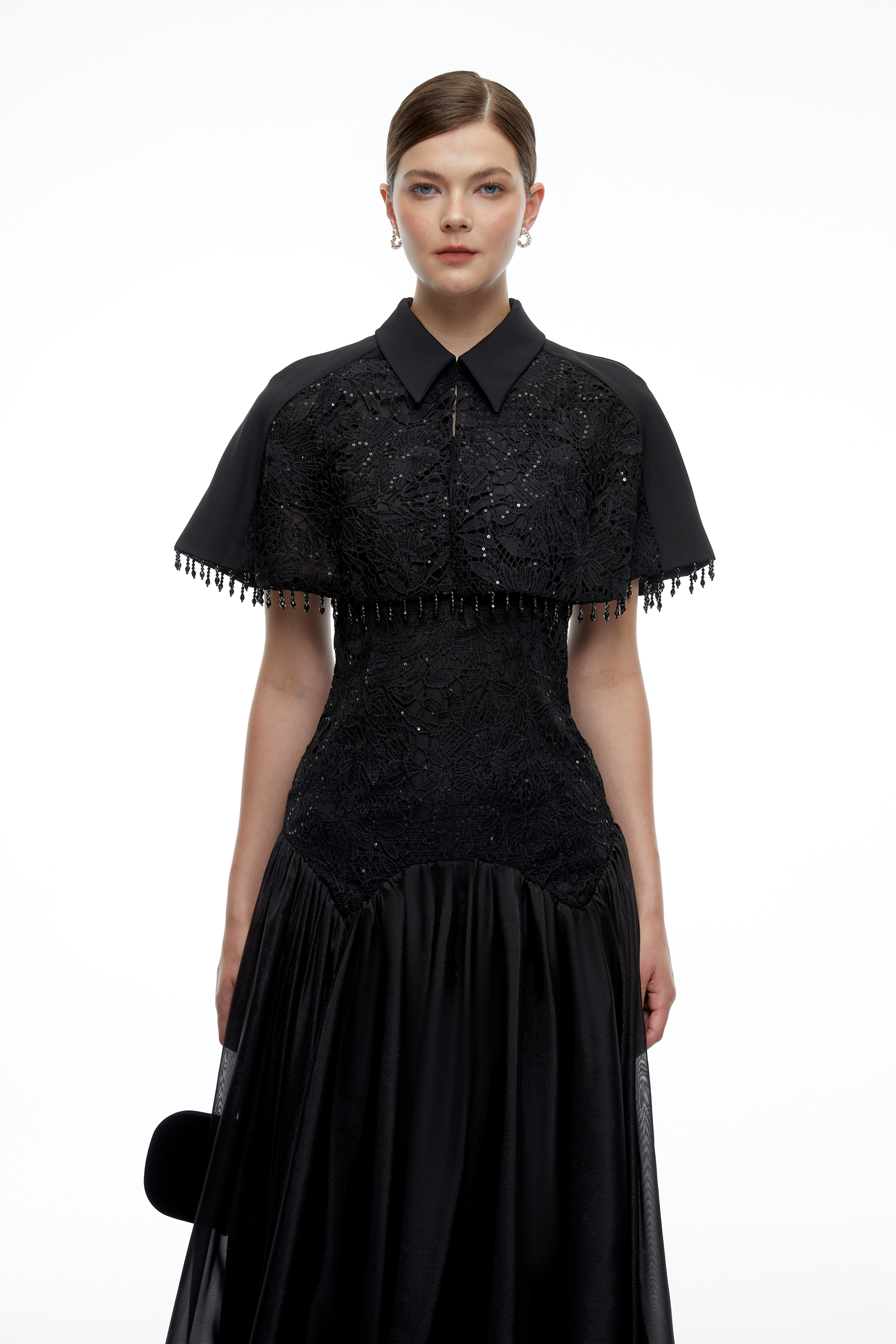Aitana Black Floral Lace Maxi Dress with Cape