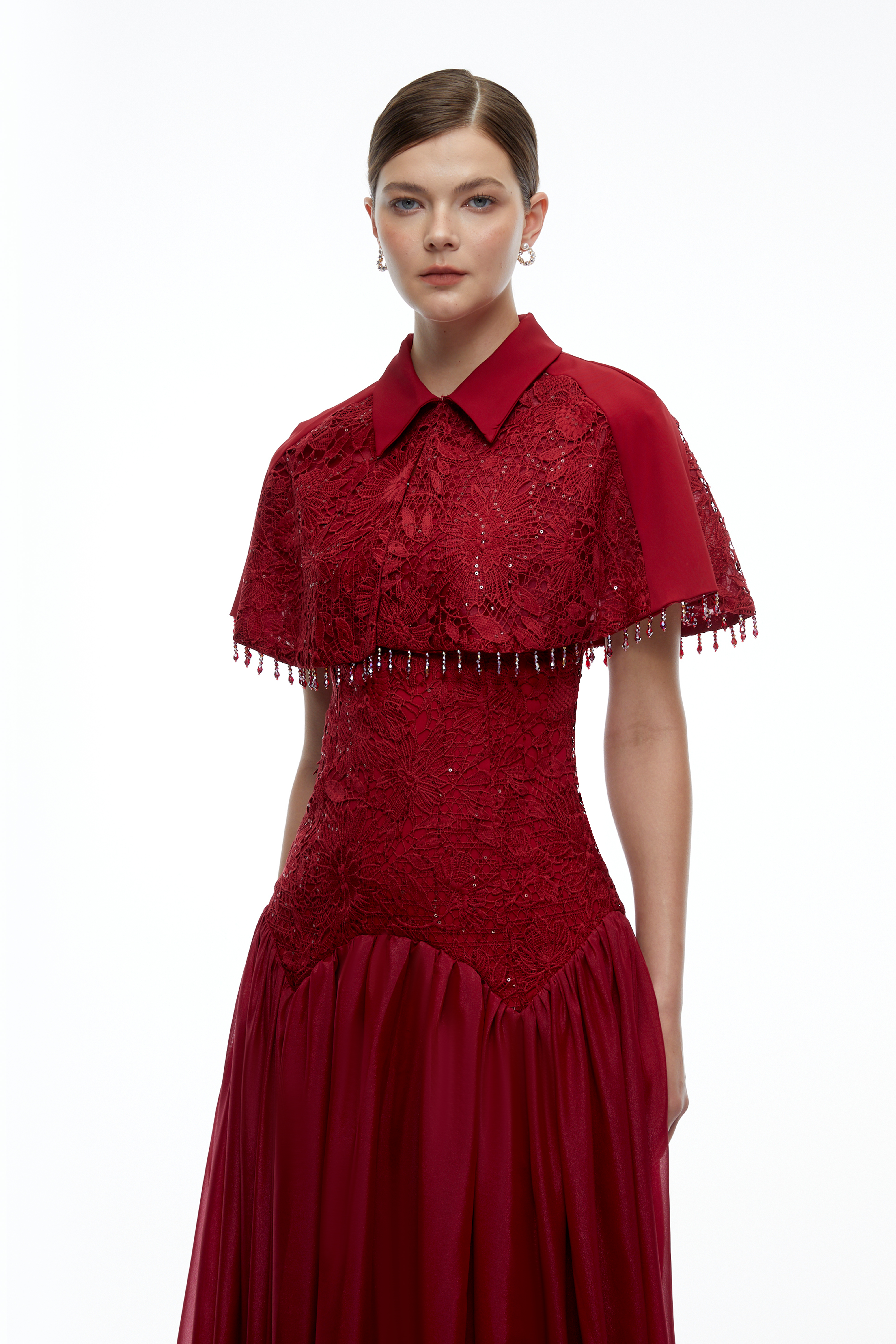 Aitana Burgundy Floral Lace Maxi Dress with Cape
