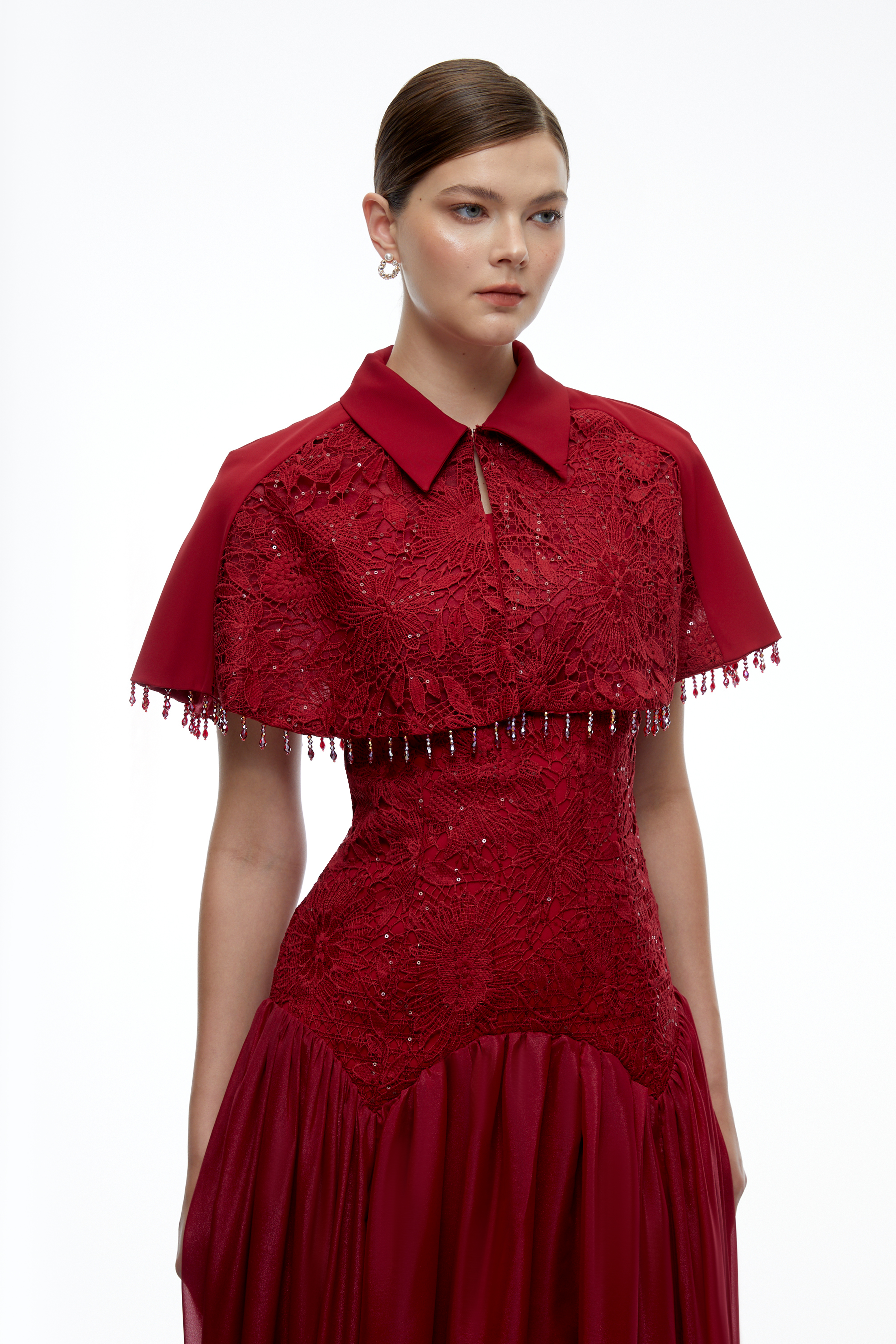 Aitana Burgundy Floral Lace Maxi Dress with Cape