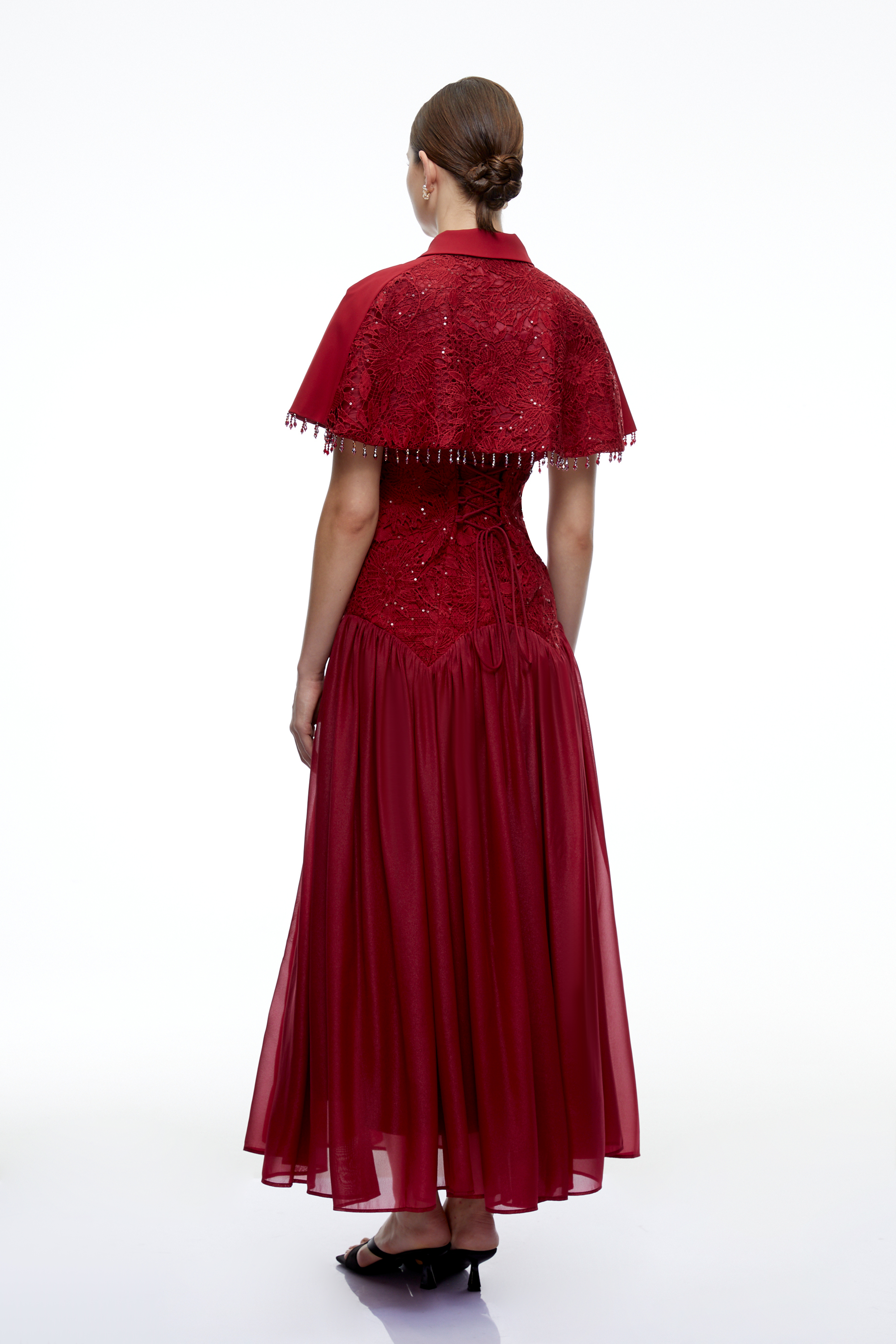Aitana Burgundy Floral Lace Maxi Dress with Cape