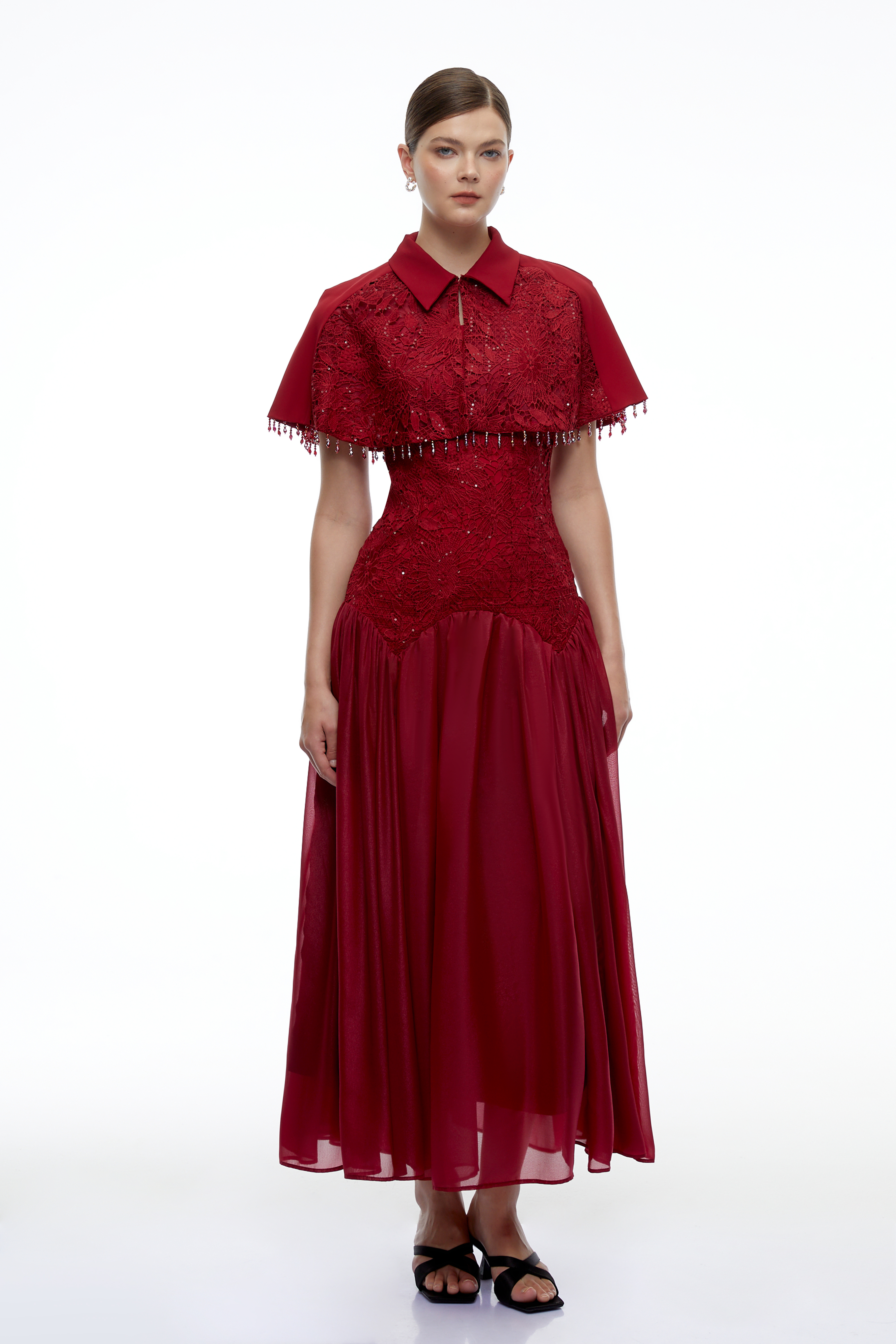 Aitana Burgundy Cape Sleeve Maxi Dress