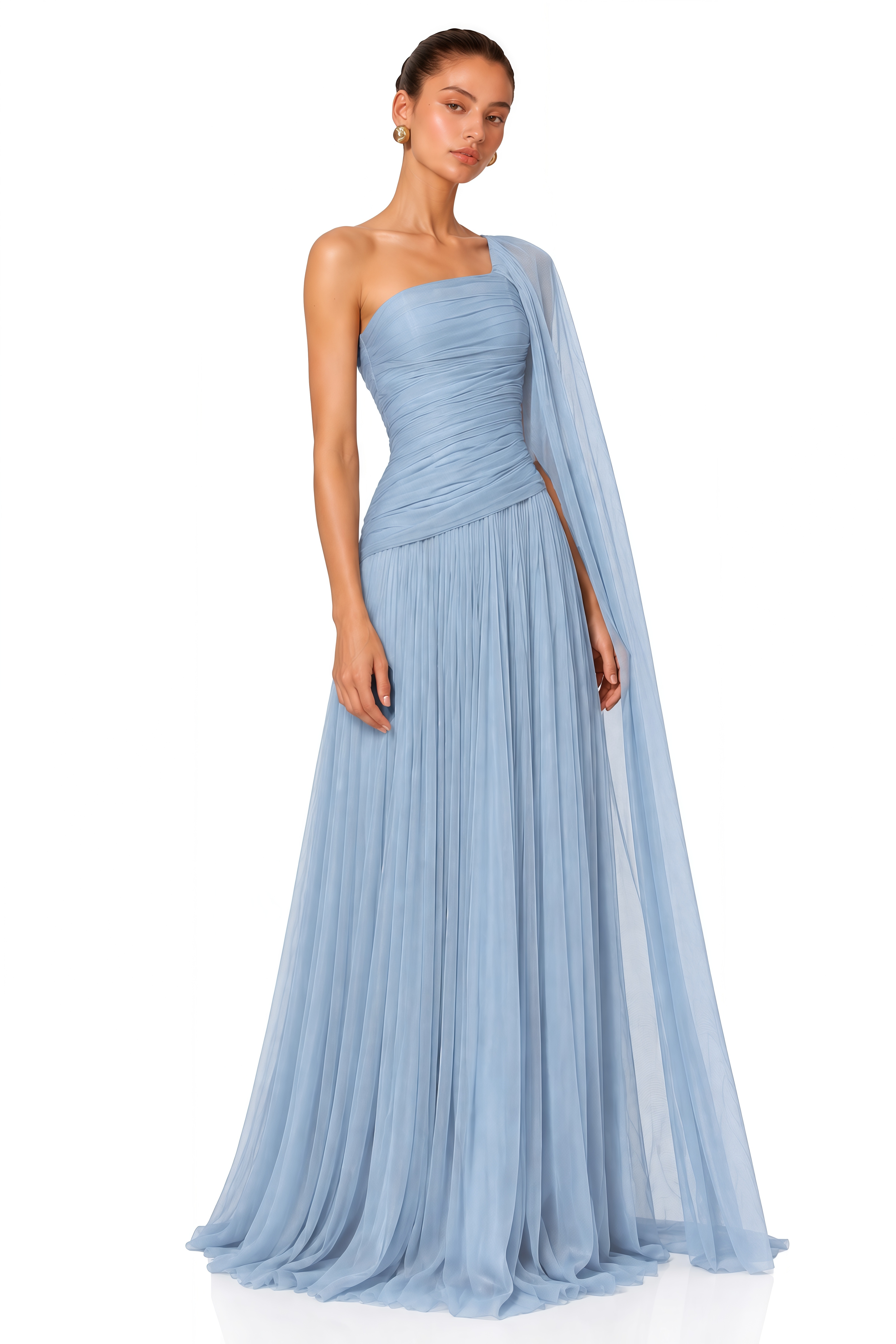 Aiva Ice Blue One Shoulder Draped Maxi Dress