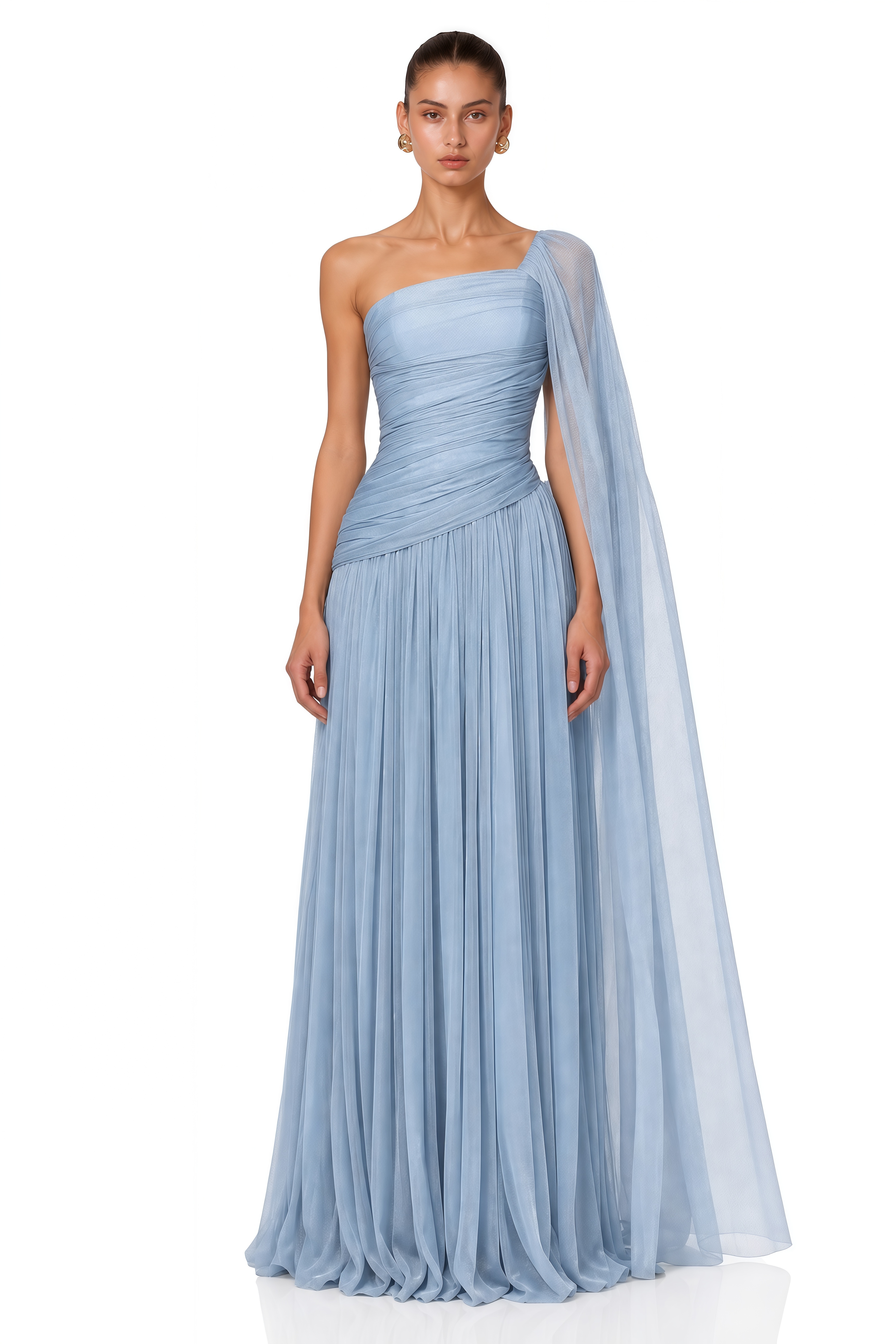 Aiva Ice Blue One Shoulder Draped Maxi Dress