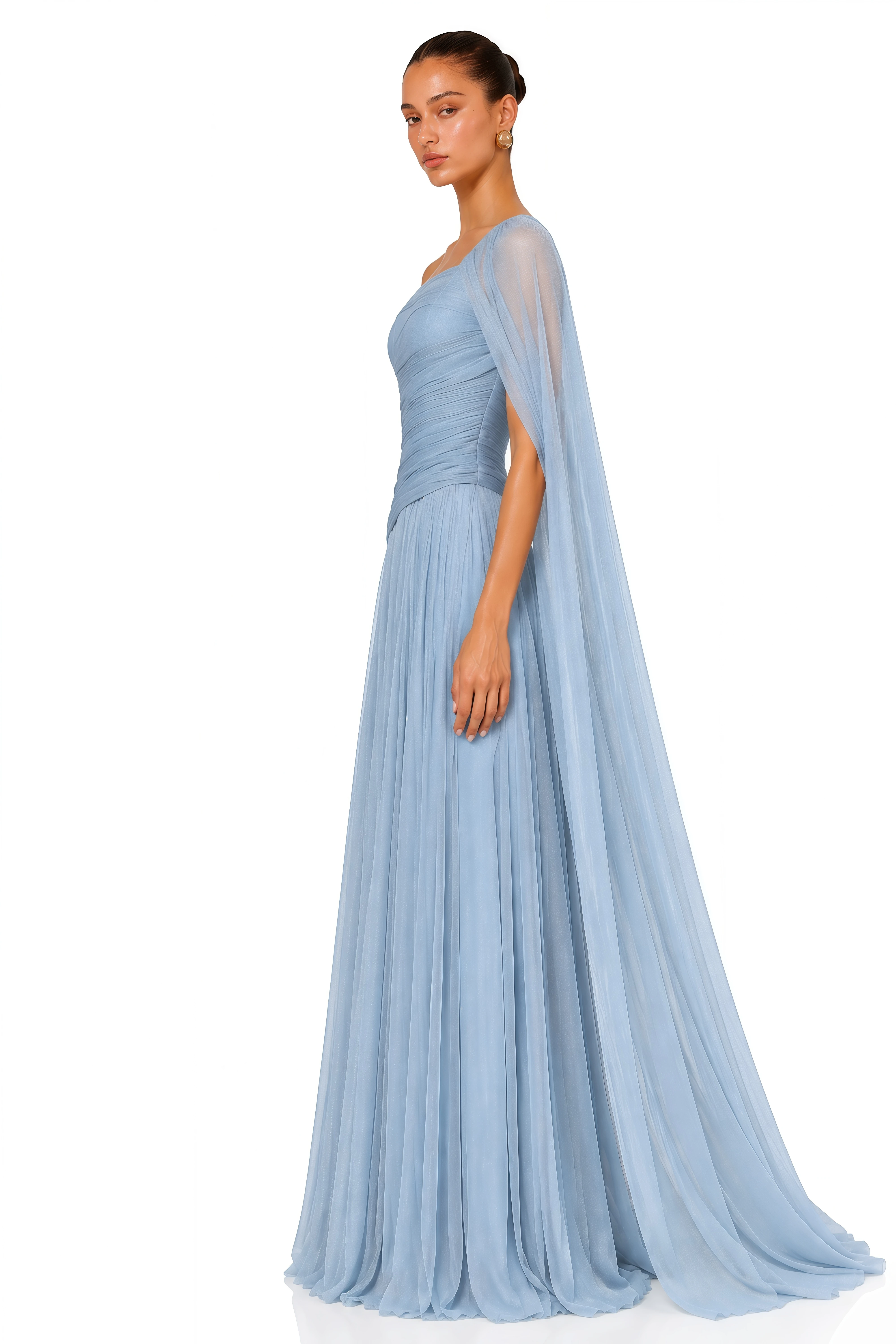 Aiva Ice Blue One Shoulder Draped Maxi Dress