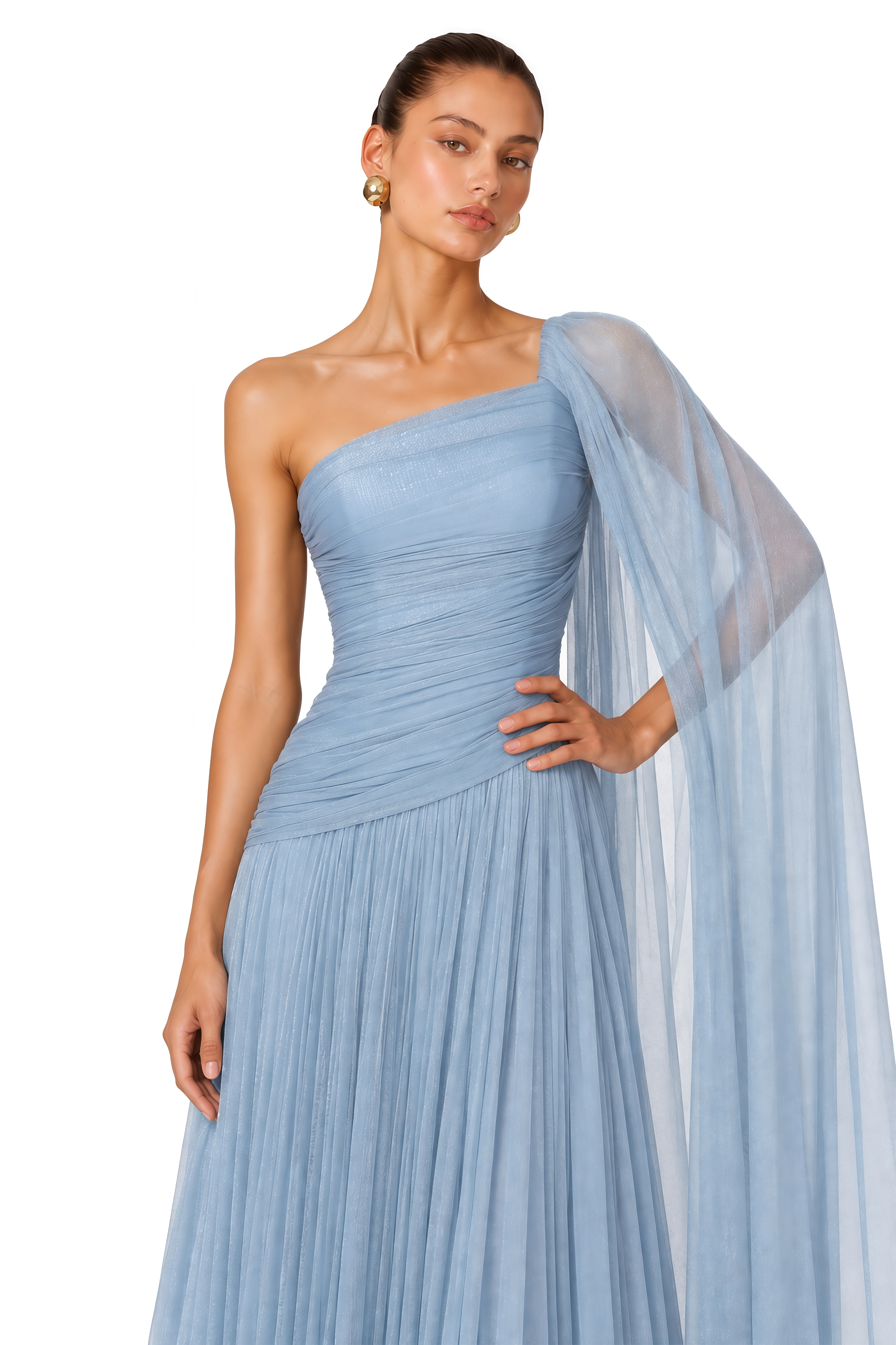 Aiva Ice Blue One Shoulder Draped Maxi Dress