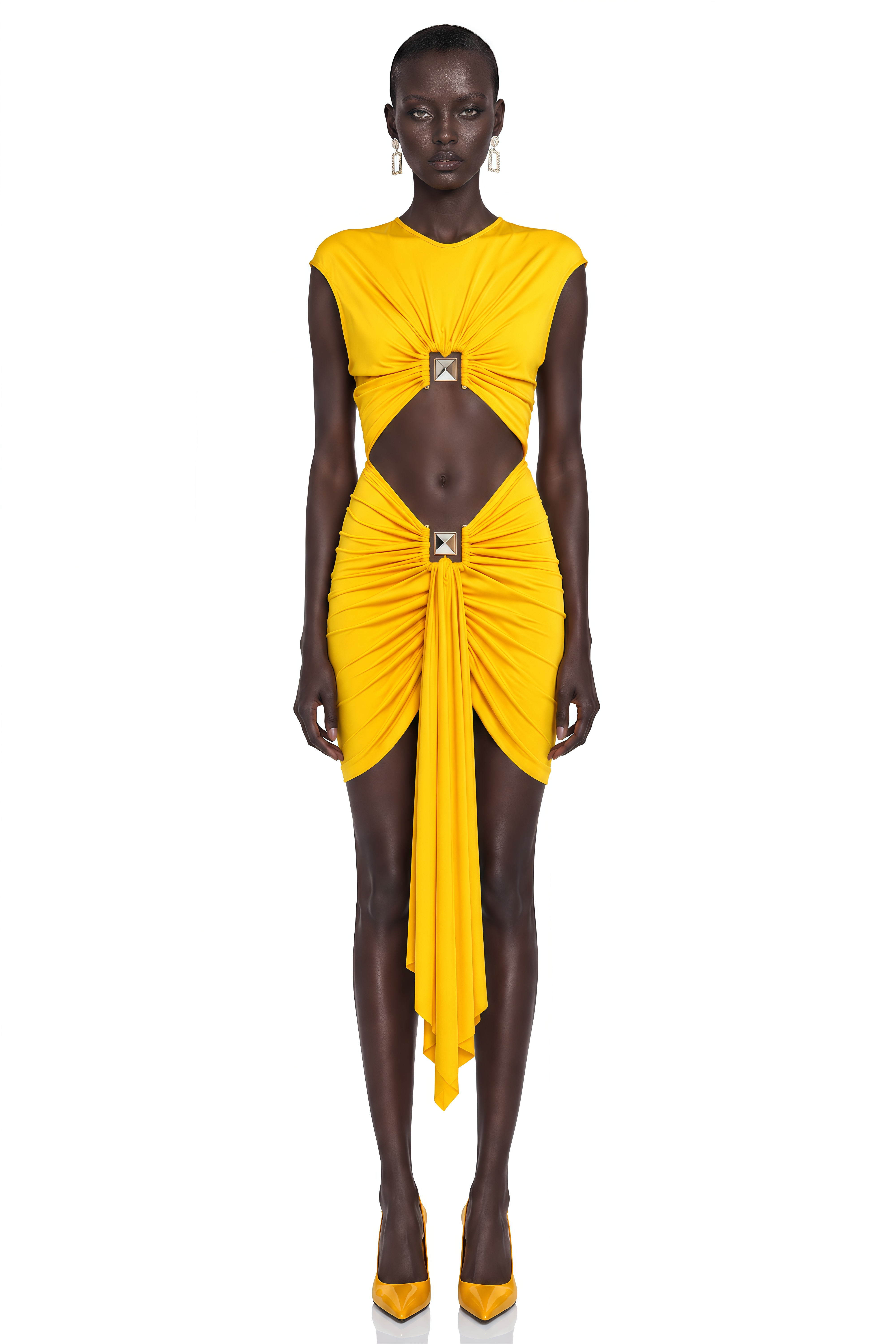 Esther Yellow Round Neck Cut-Out Mini Dress