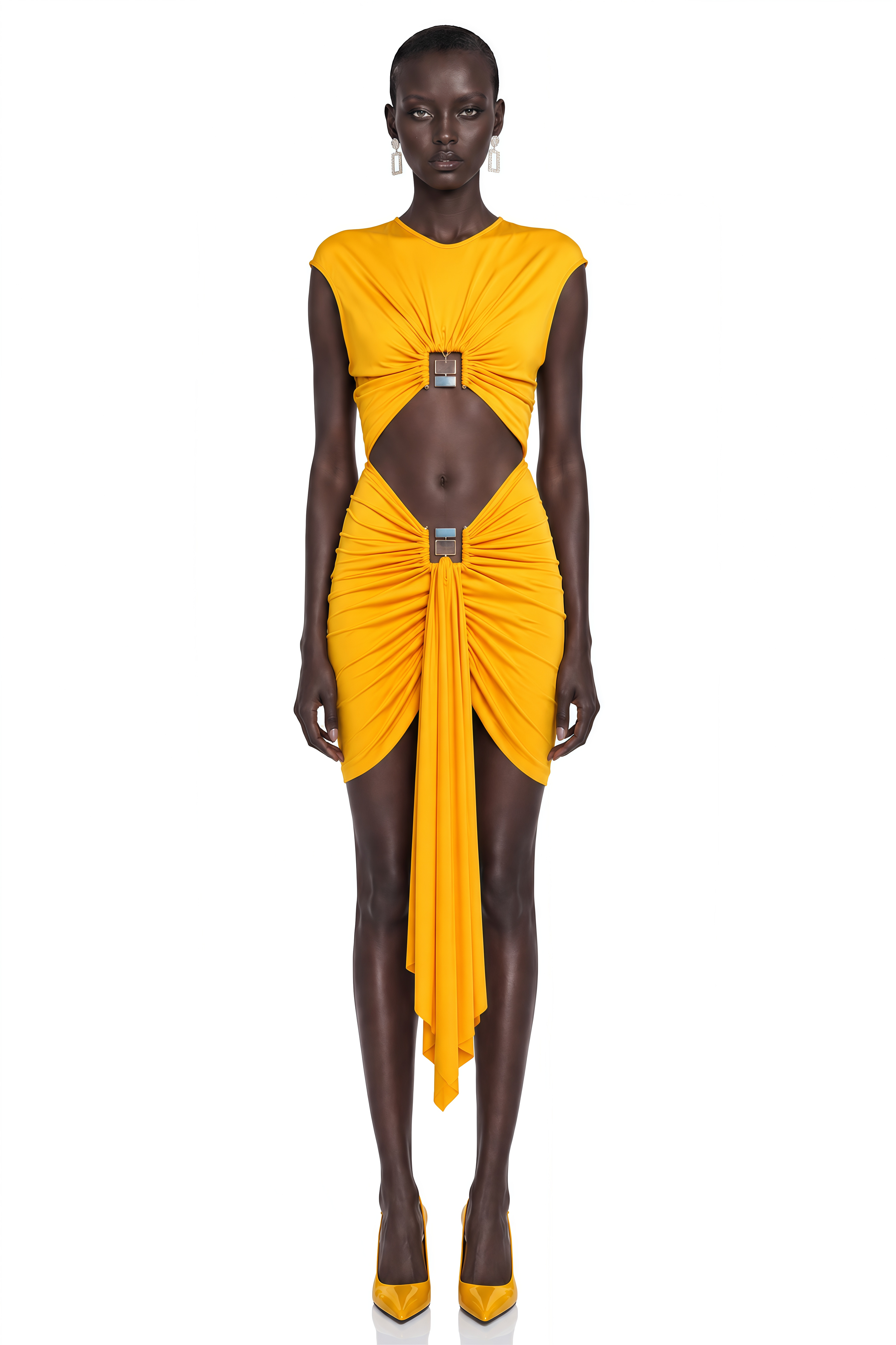 Alaia Yellow Cap Sleeve Cut-Out Midi Dress