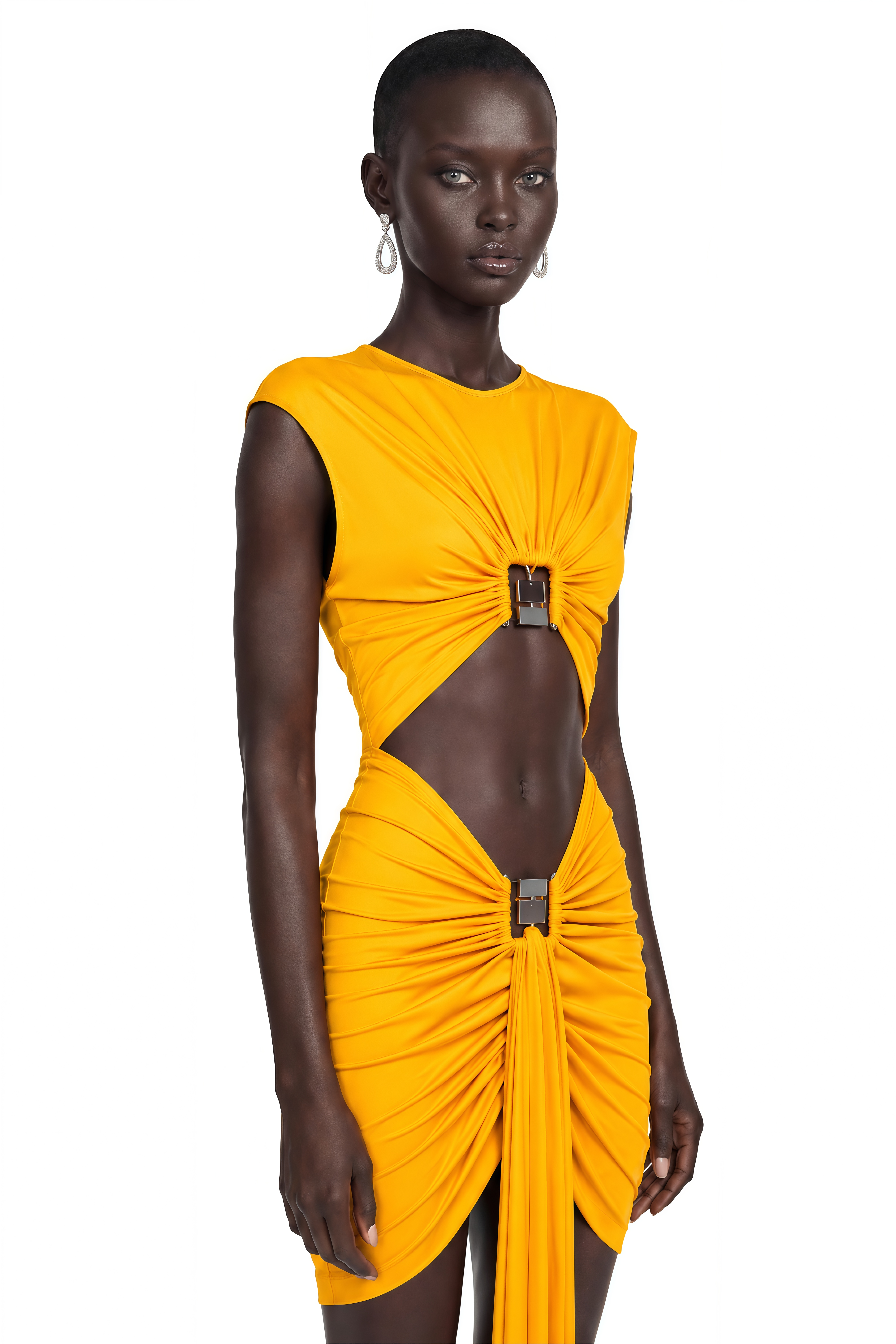 Alaia Yellow Cap Sleeve Cut-Out Midi Dress