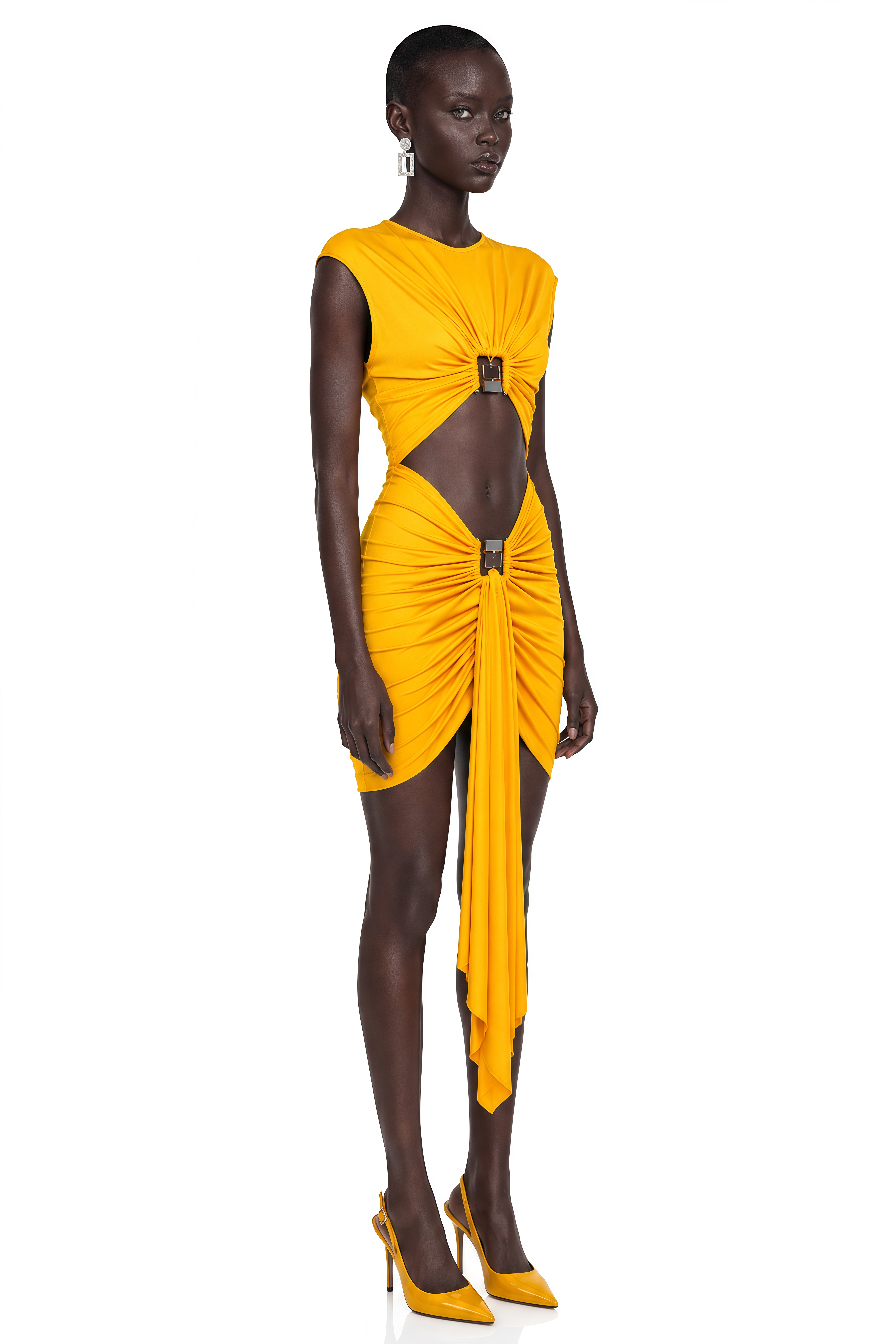 Alaia Yellow Cap Sleeve Cut-Out Midi Dress