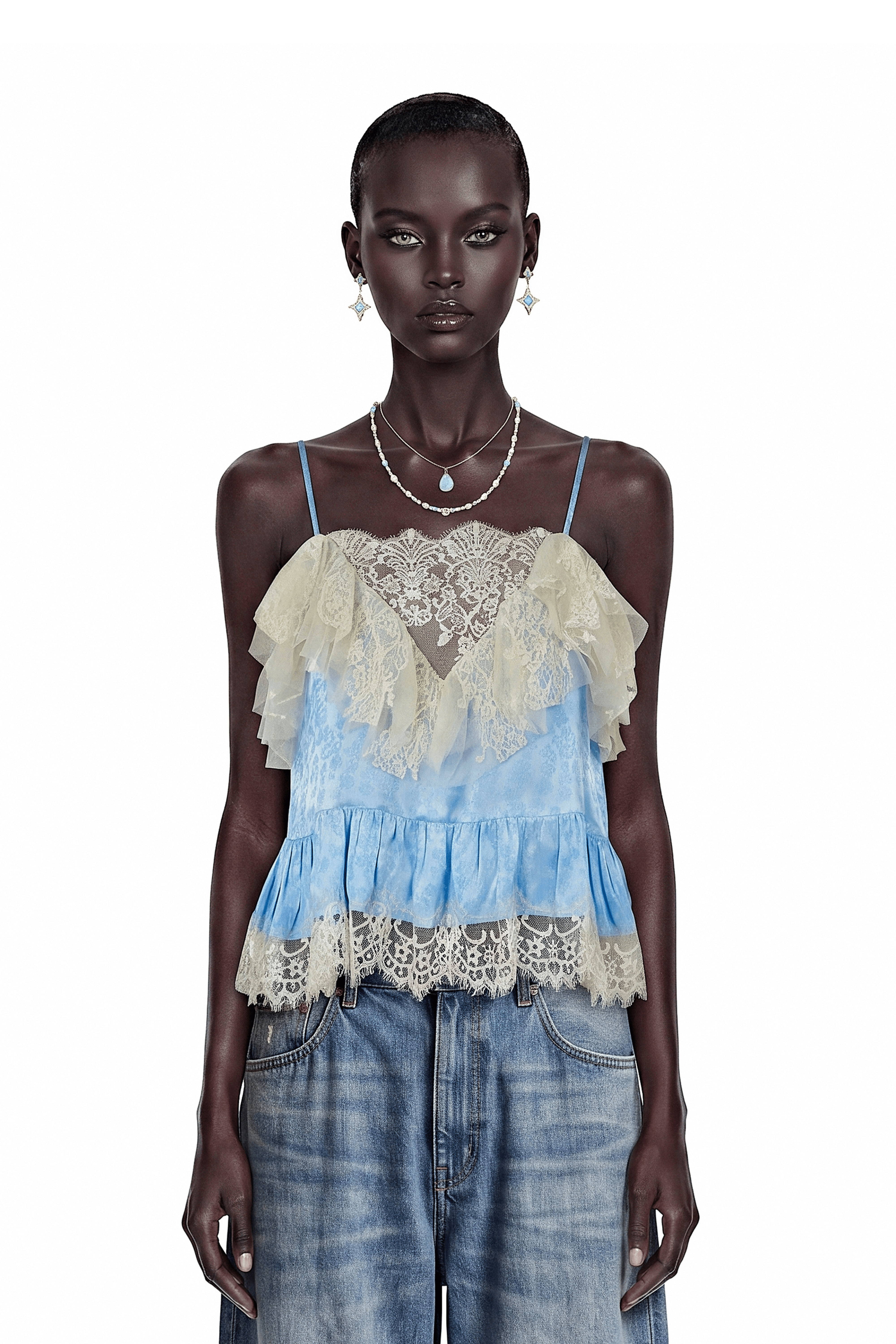 Alba Blue Spaghetti Straps Lace Detail Top