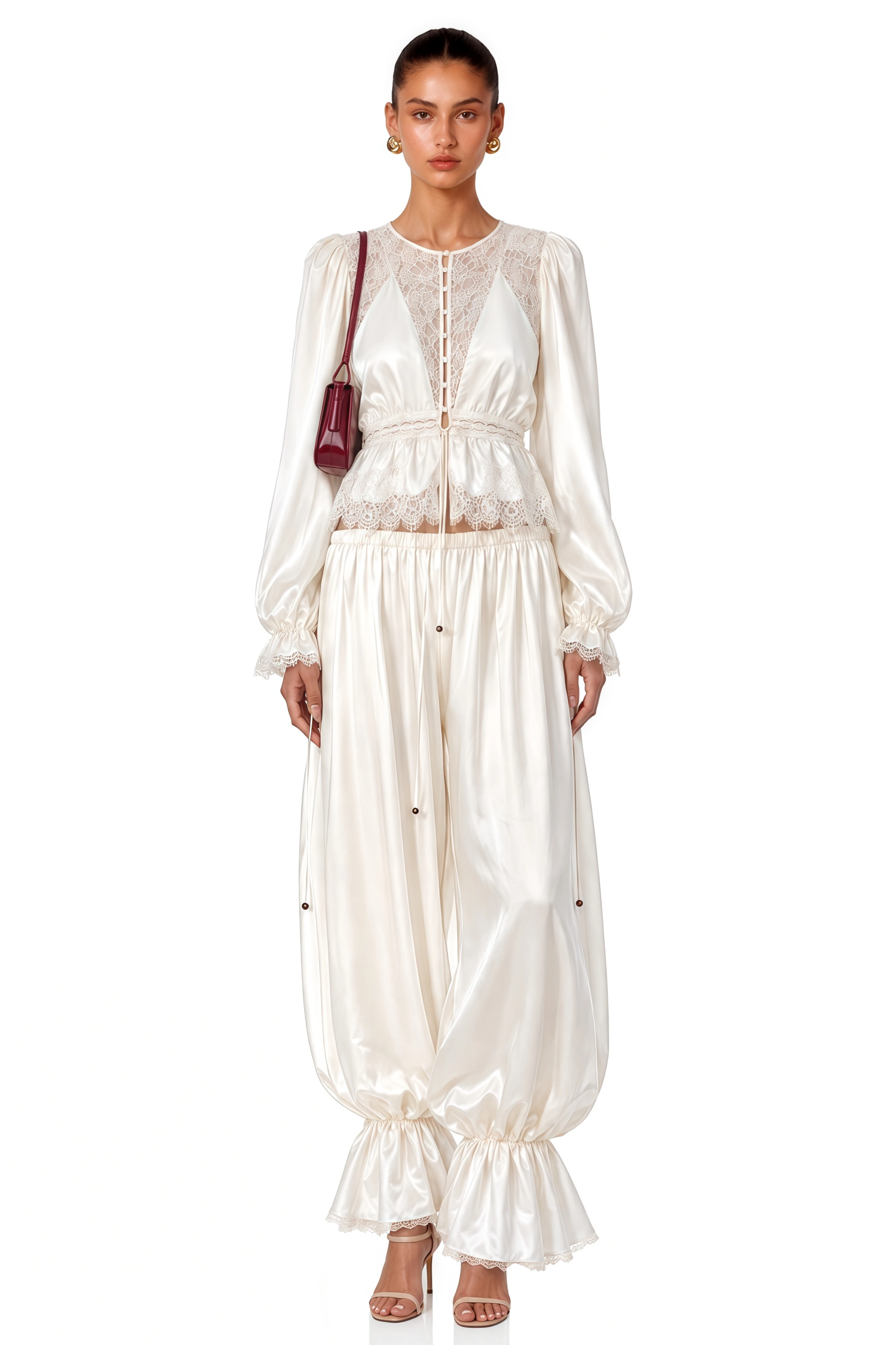 Aleah White Lace Ruffle Blouse & Balloon Trousers Set