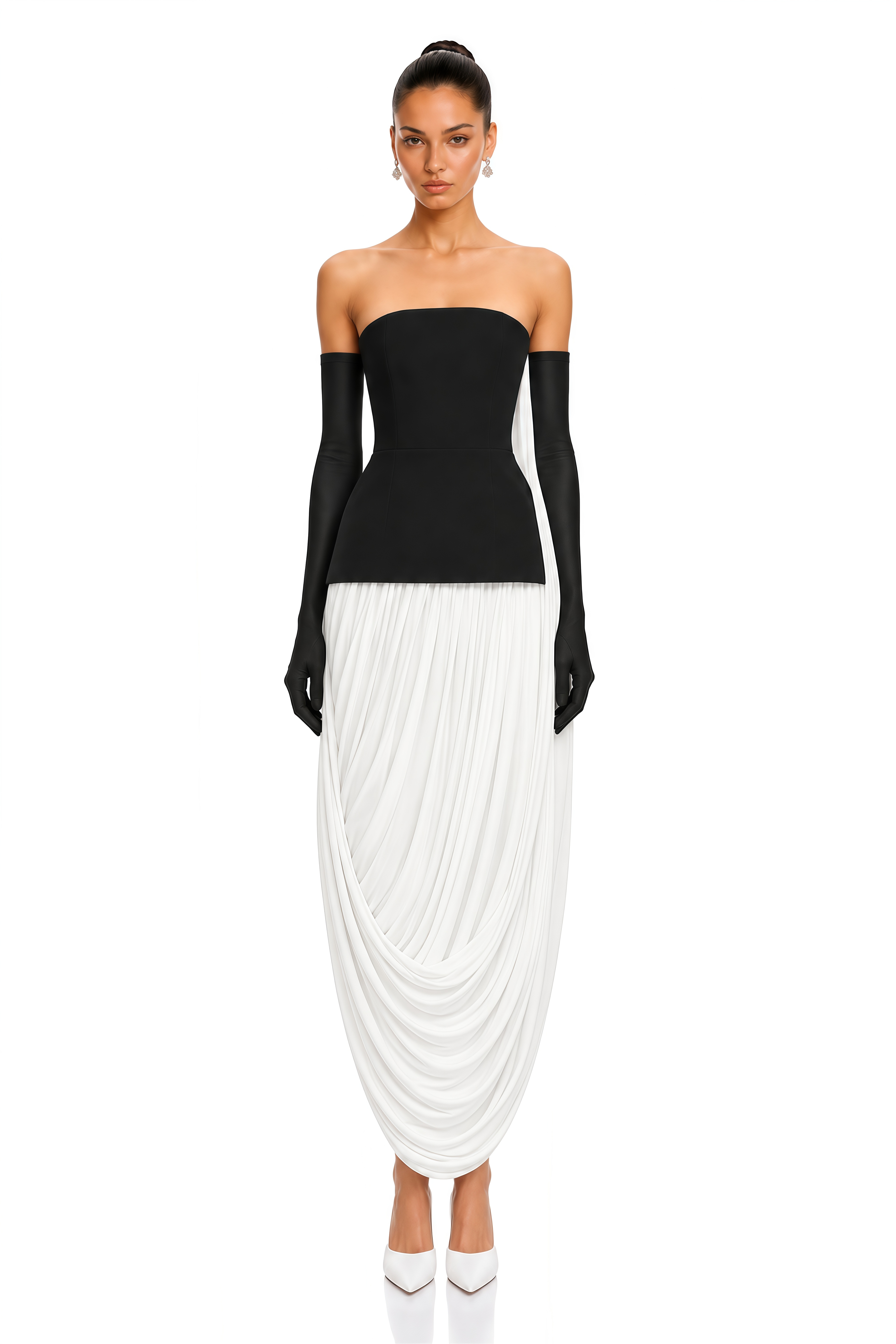 Alesia Black & White Contrast Strapless Draped Maxi Dress