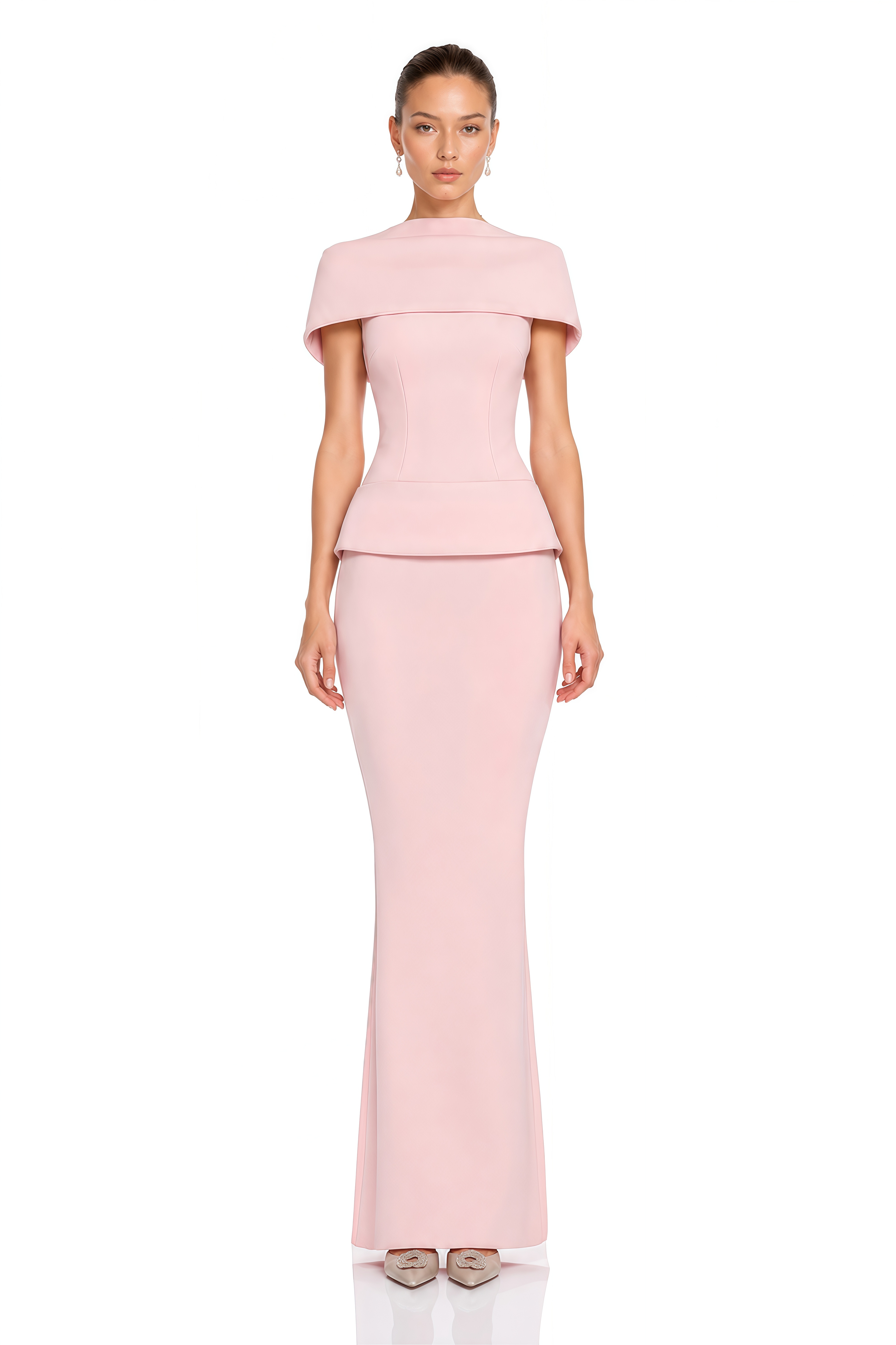 Alesia Pink Structured Peplum Cape Top & Maxi Skirt Set