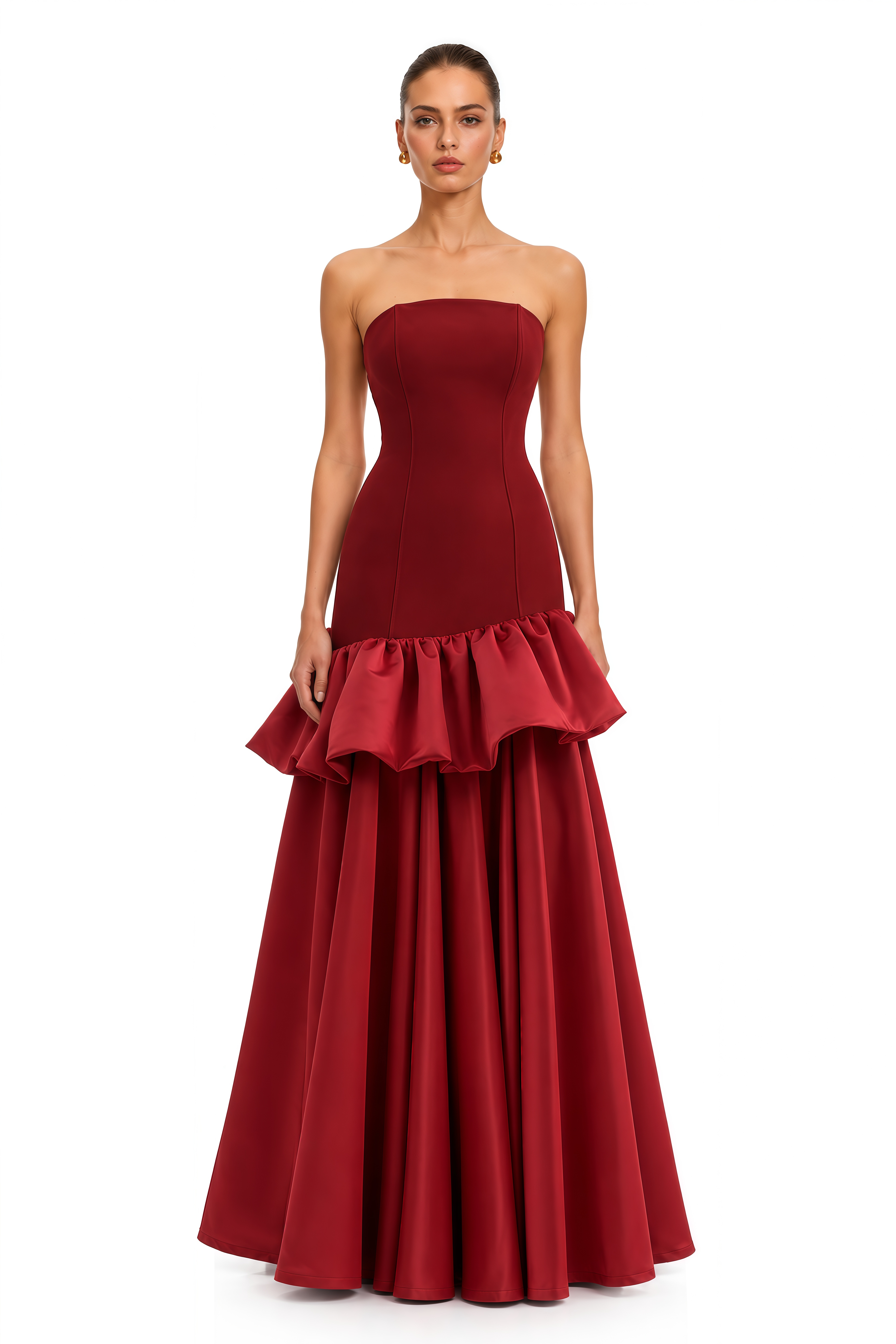 Alessine Burgundy Satin Ruffle Asymmetrical Maxi Dress