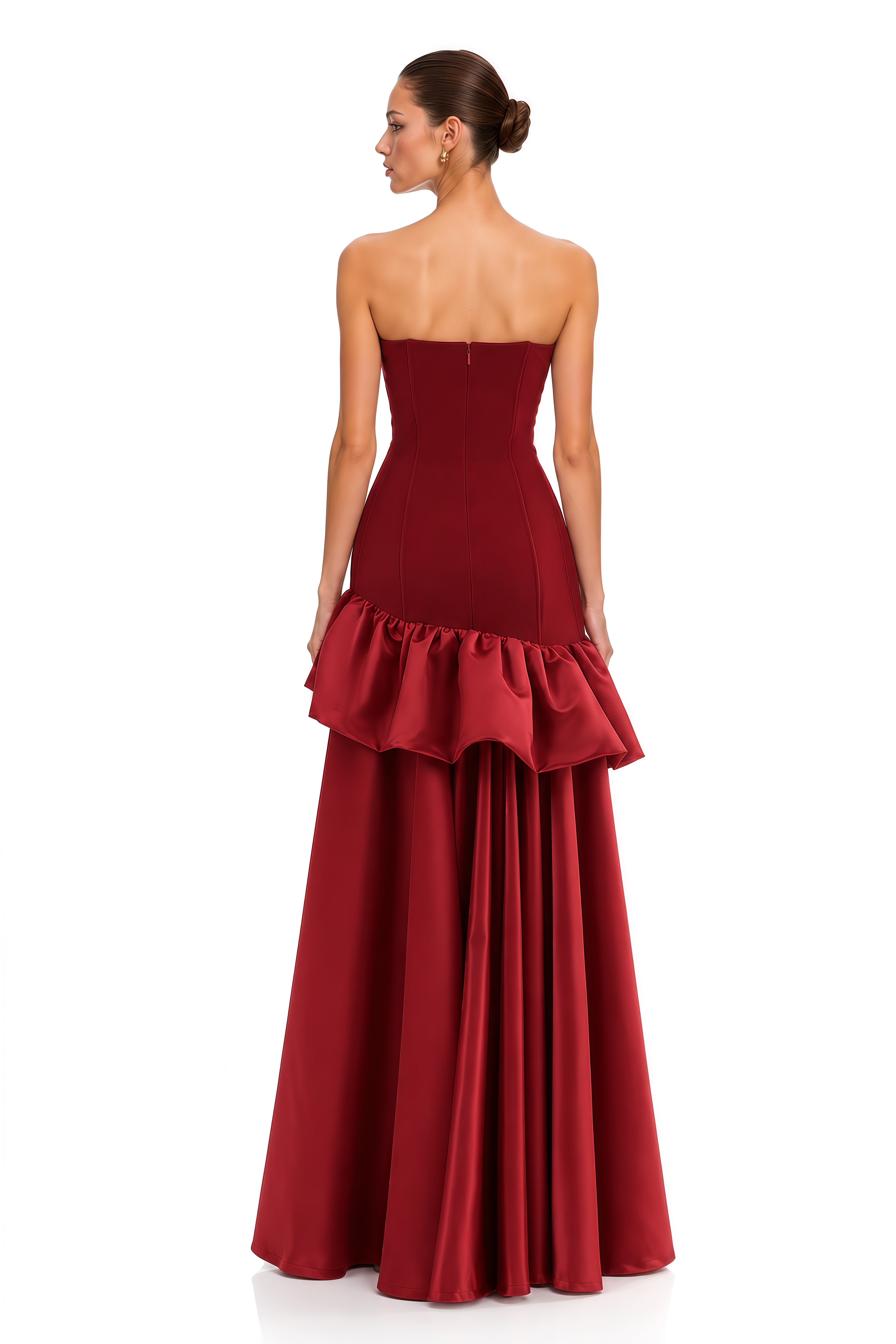 Alessine Burgundy Satin Ruffle Asymmetrical Maxi Dress