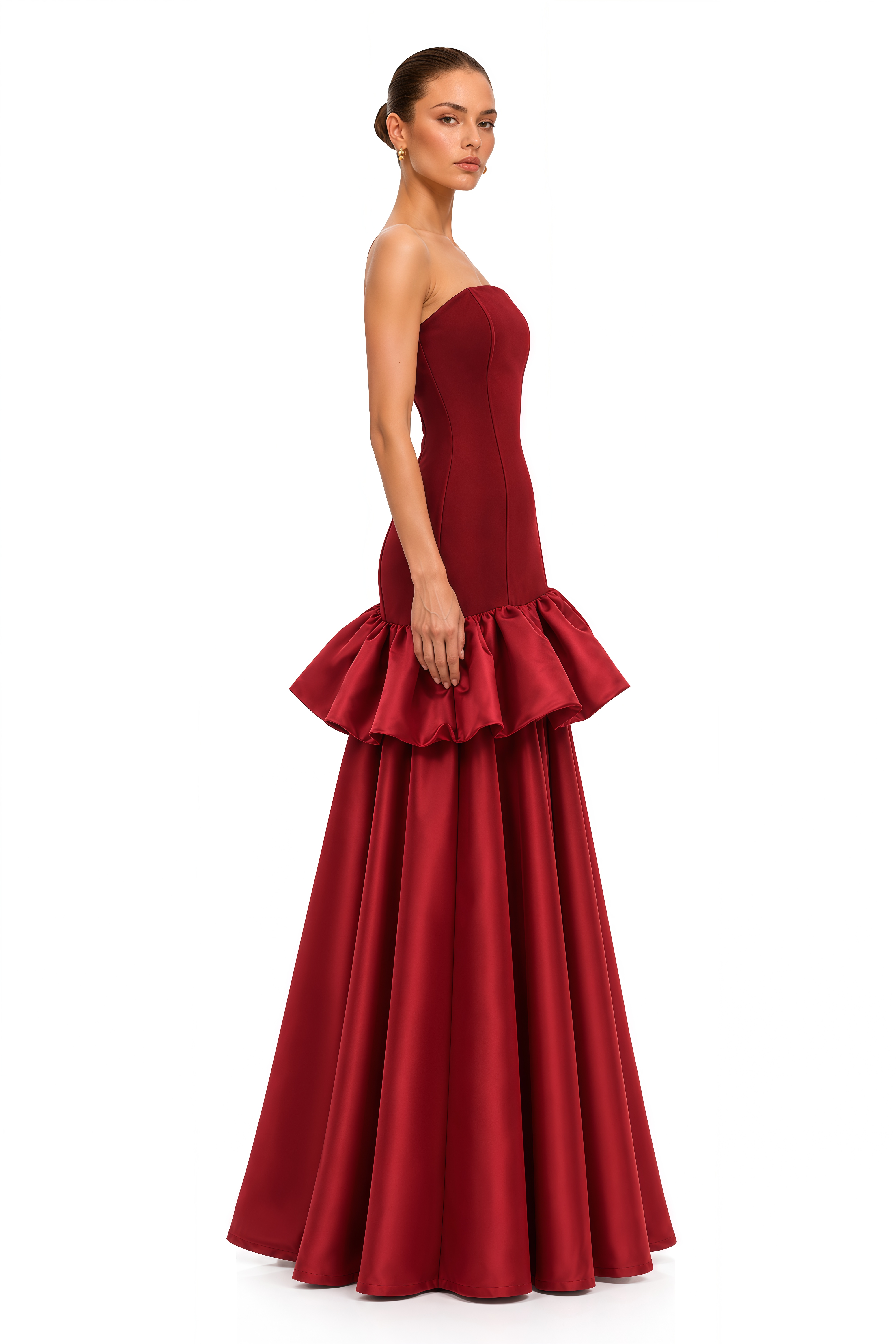 Alessine Burgundy Satin Ruffle Asymmetrical Maxi Dress