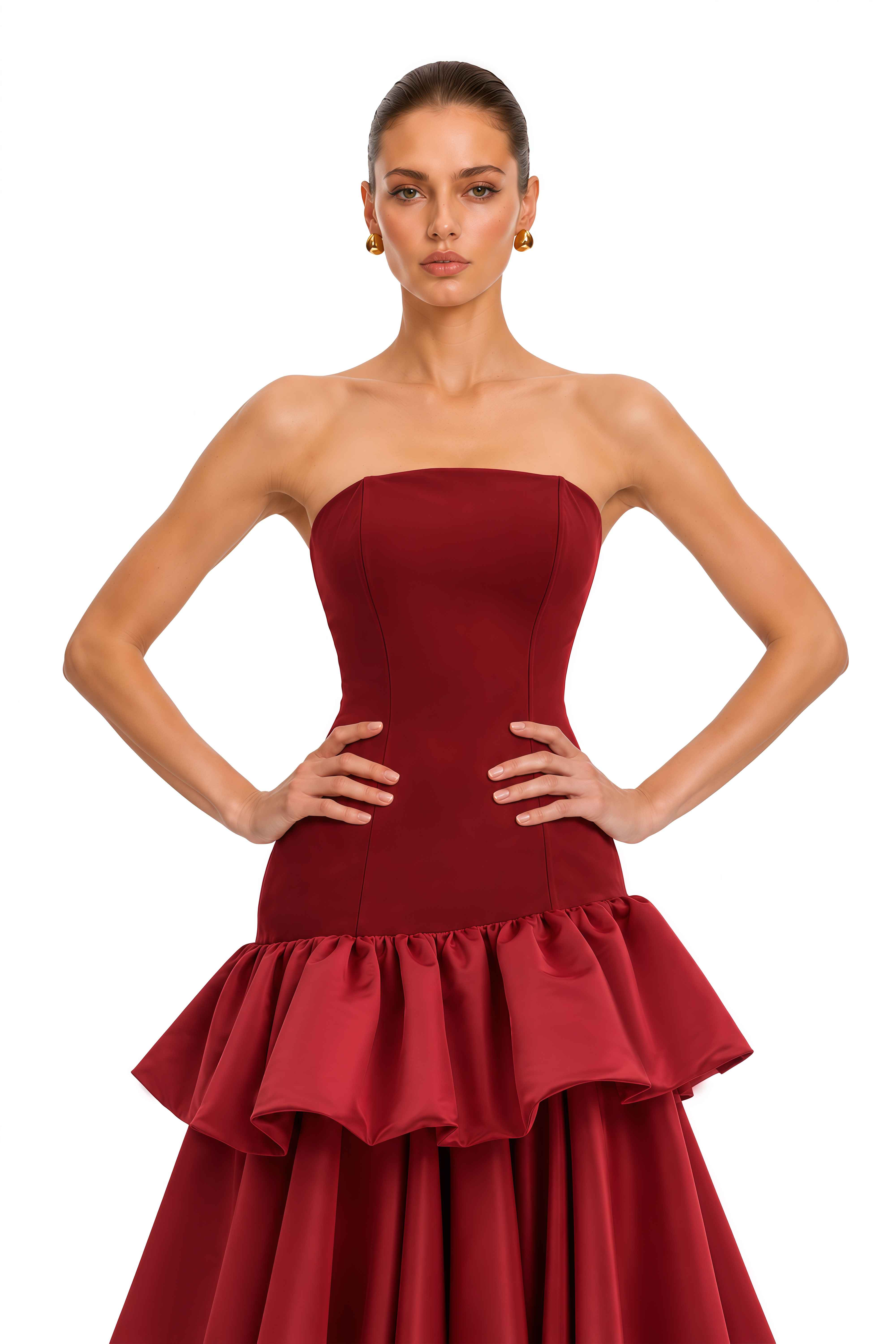 Alessine Burgundy Satin Ruffle Asymmetrical Maxi Dress