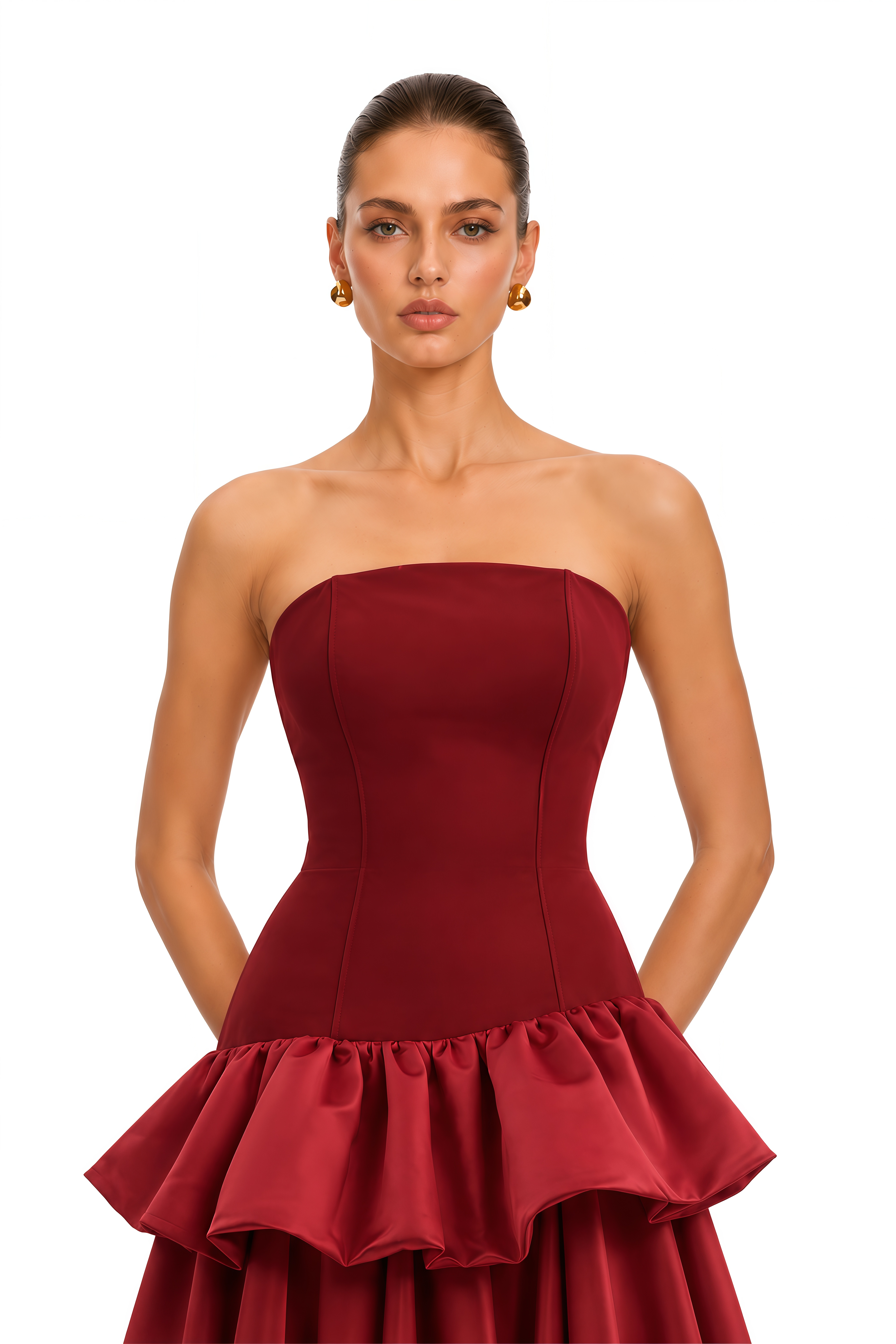 Alessine Burgundy Satin Ruffle Asymmetrical Maxi Dress