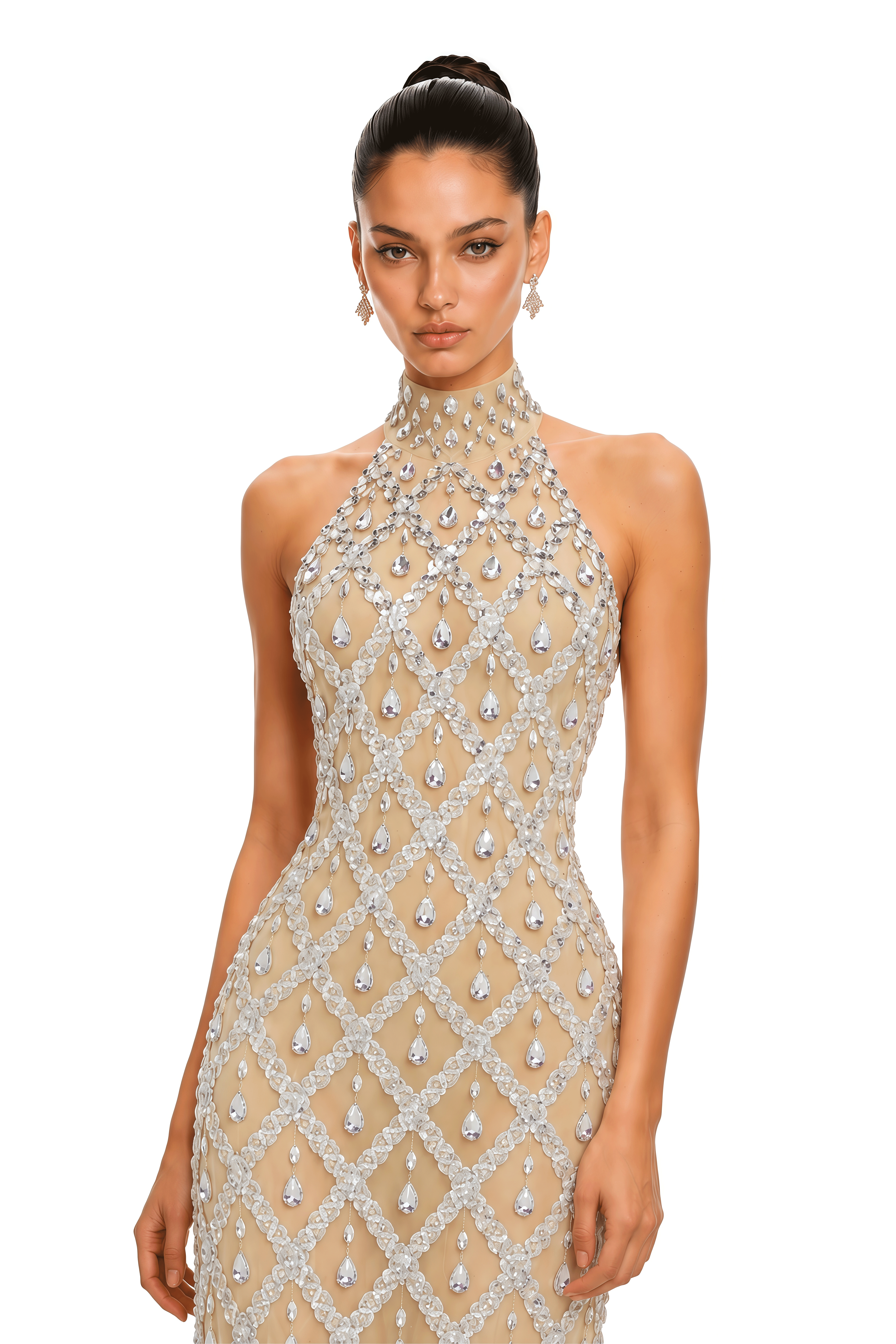 Aletheia Nude Crystal Lattice Embellished Halter Maxi Gown